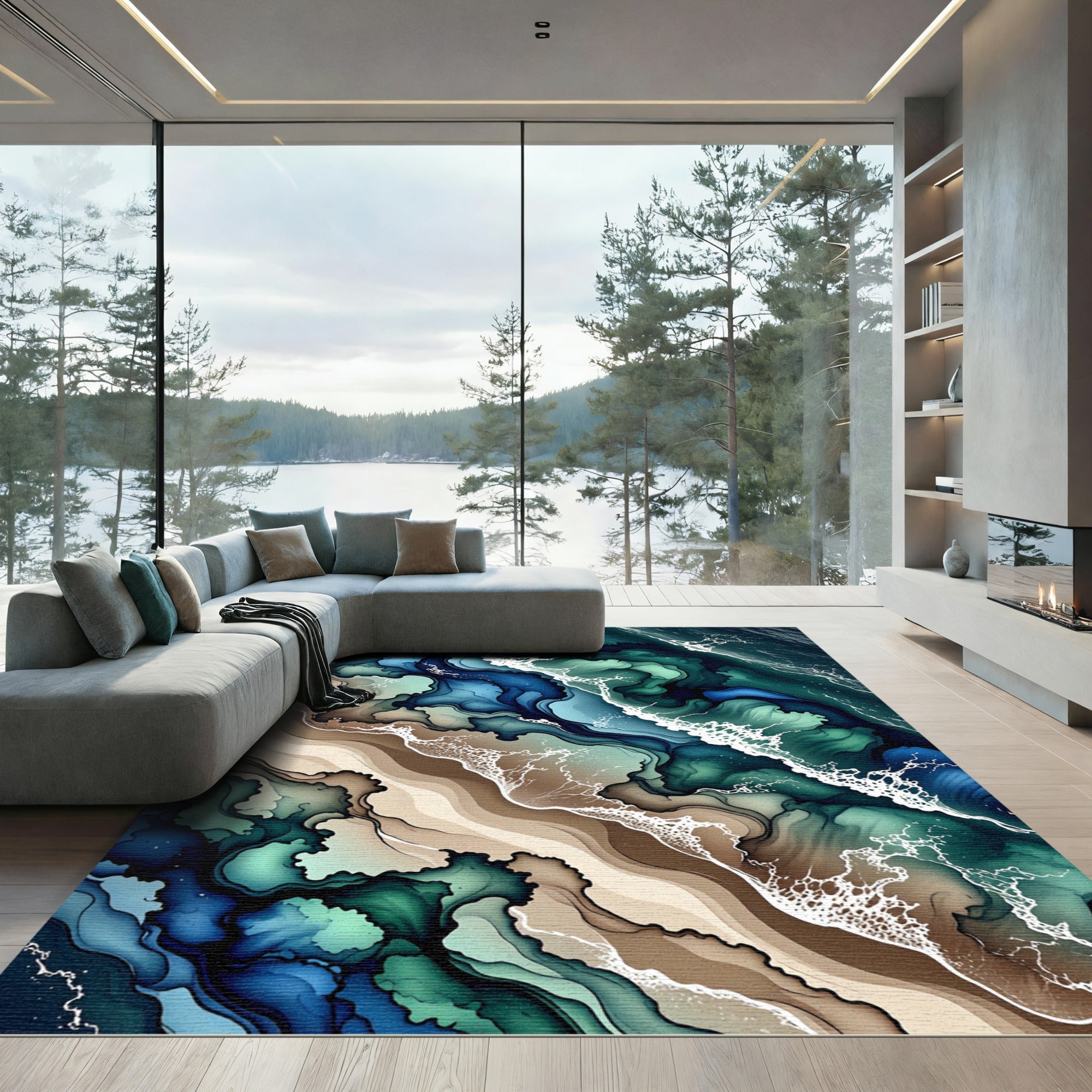 Ocean Wave Swirls Abstract Coastal Rug