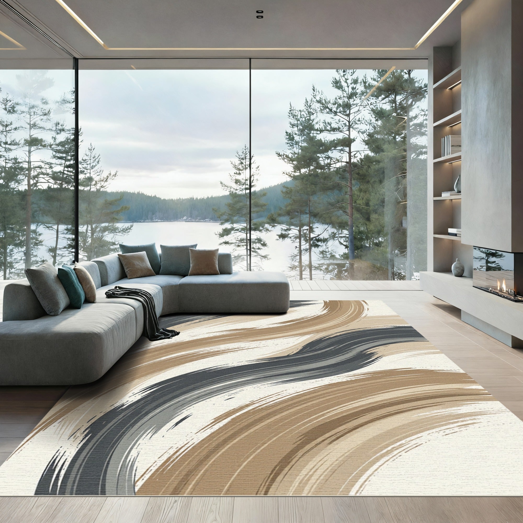 Modern Earth Tone Abstract Brush Stroke Rug