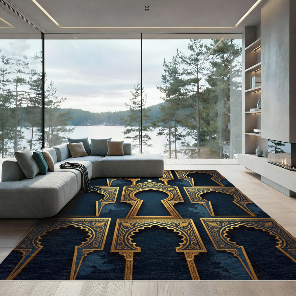 Golden Arched Lattice Navy Backdrop Rug