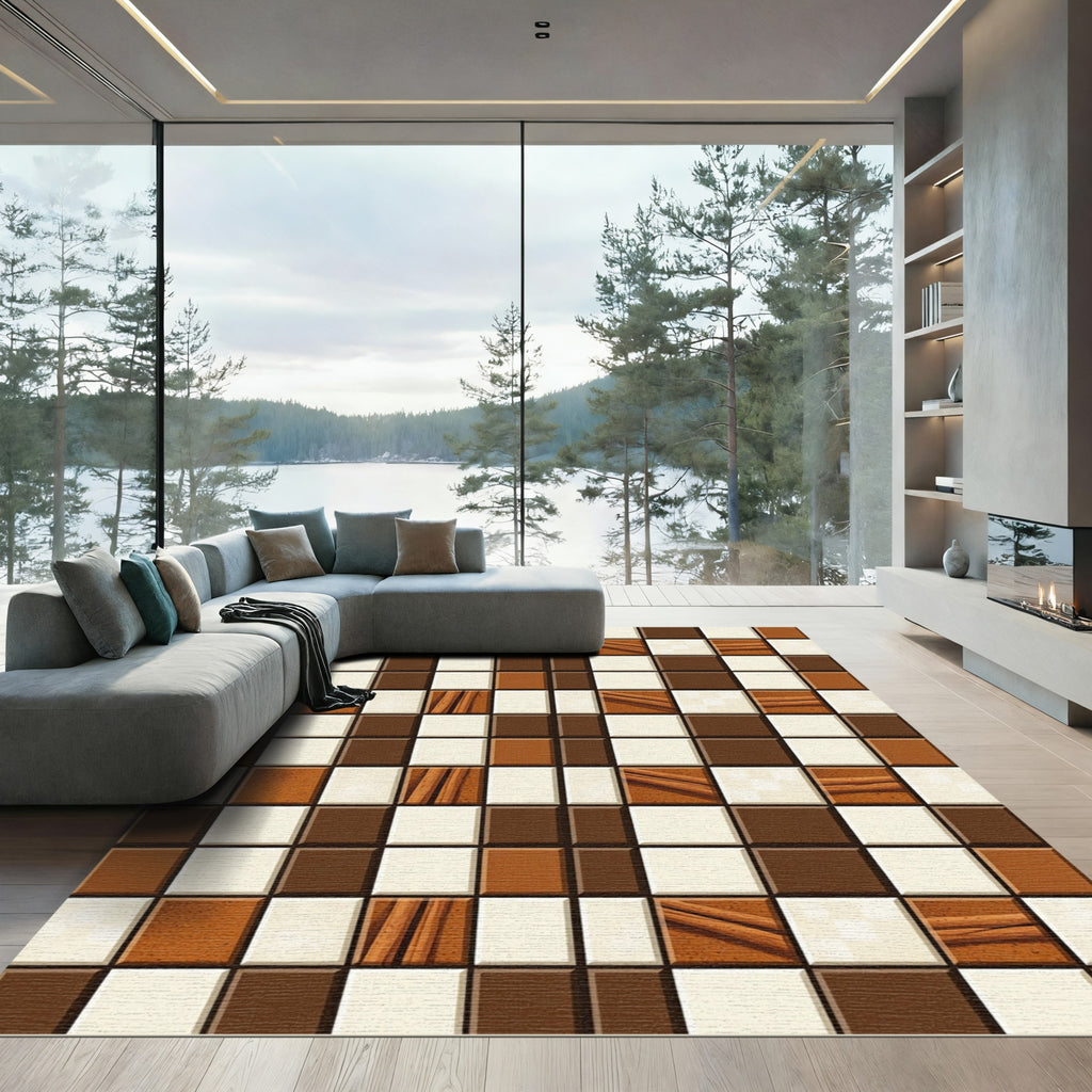 Brown Cream Checkerboard Wood Effect Squares Rug