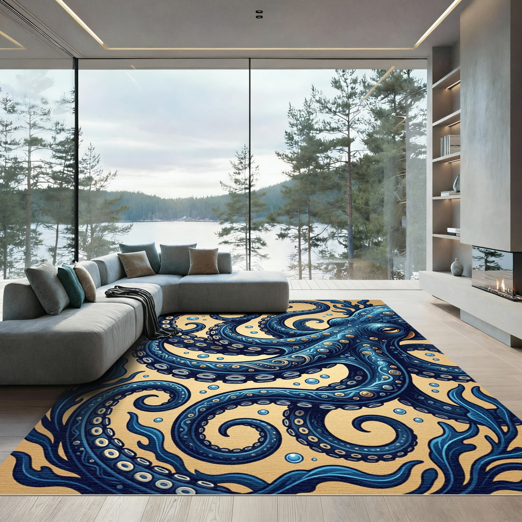 Intricate Navy Octopus with Golden Accents Rug