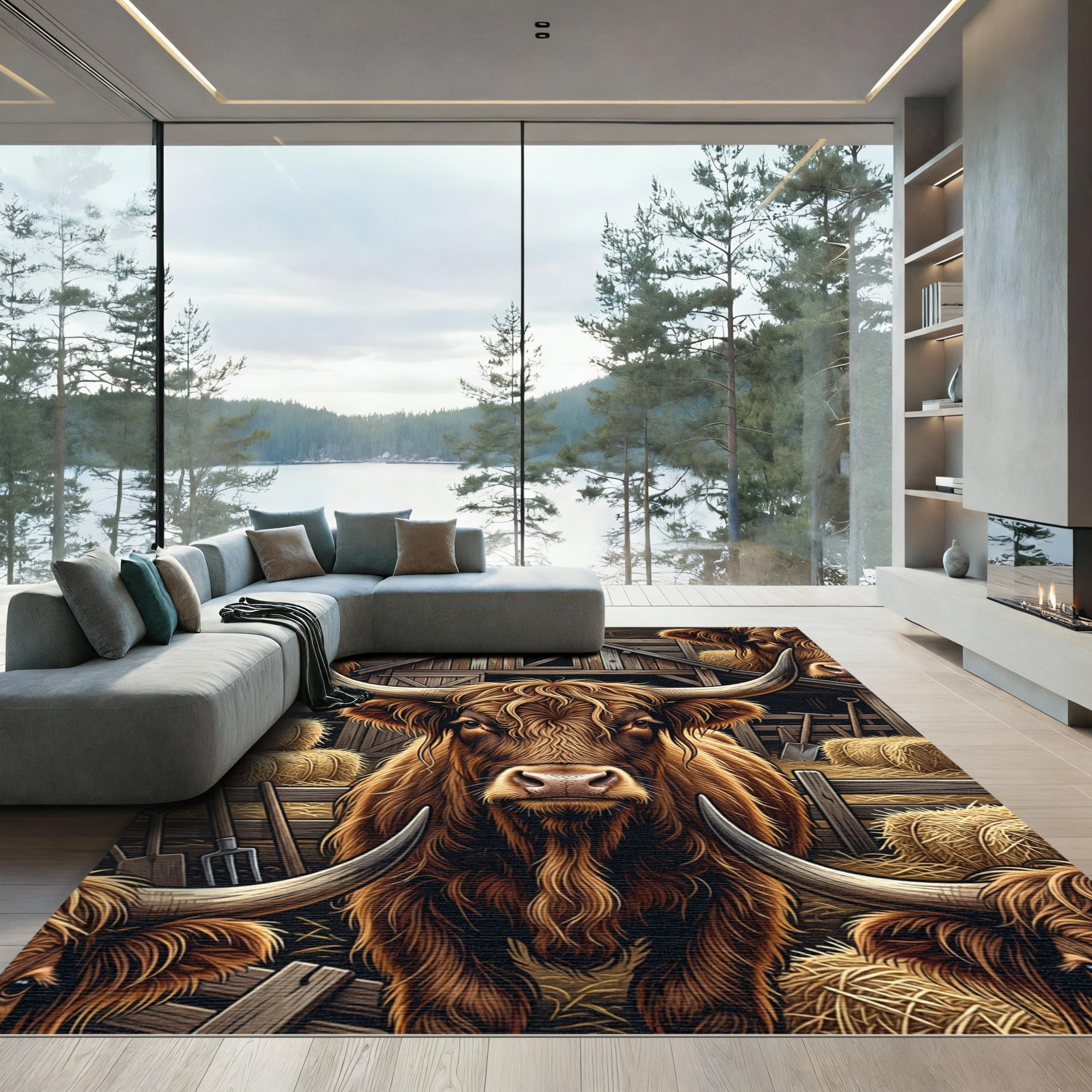 Rustic Golden Highland Cattle Farm Scene Rug