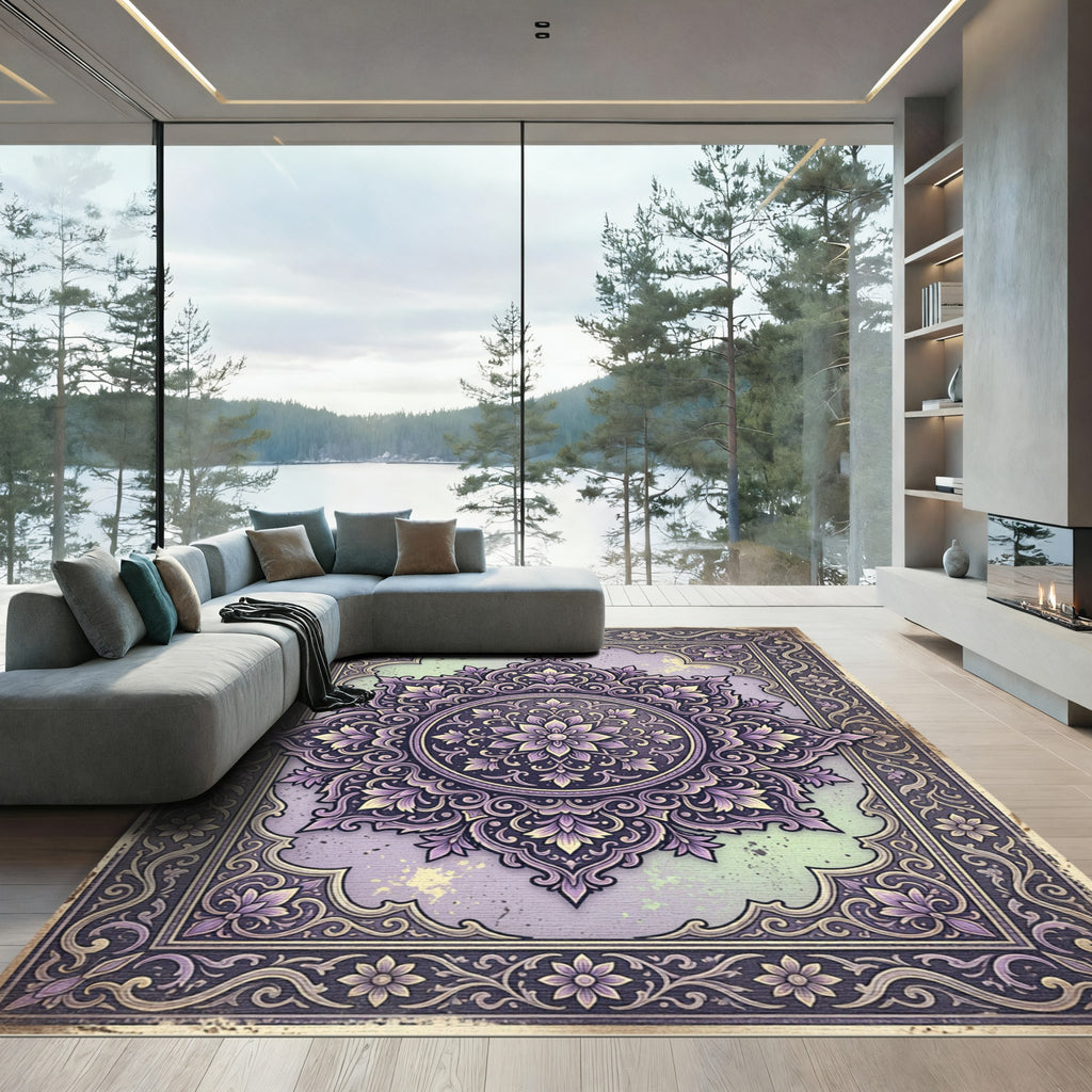 Ornate Lavender Floral Mandala Art Rug