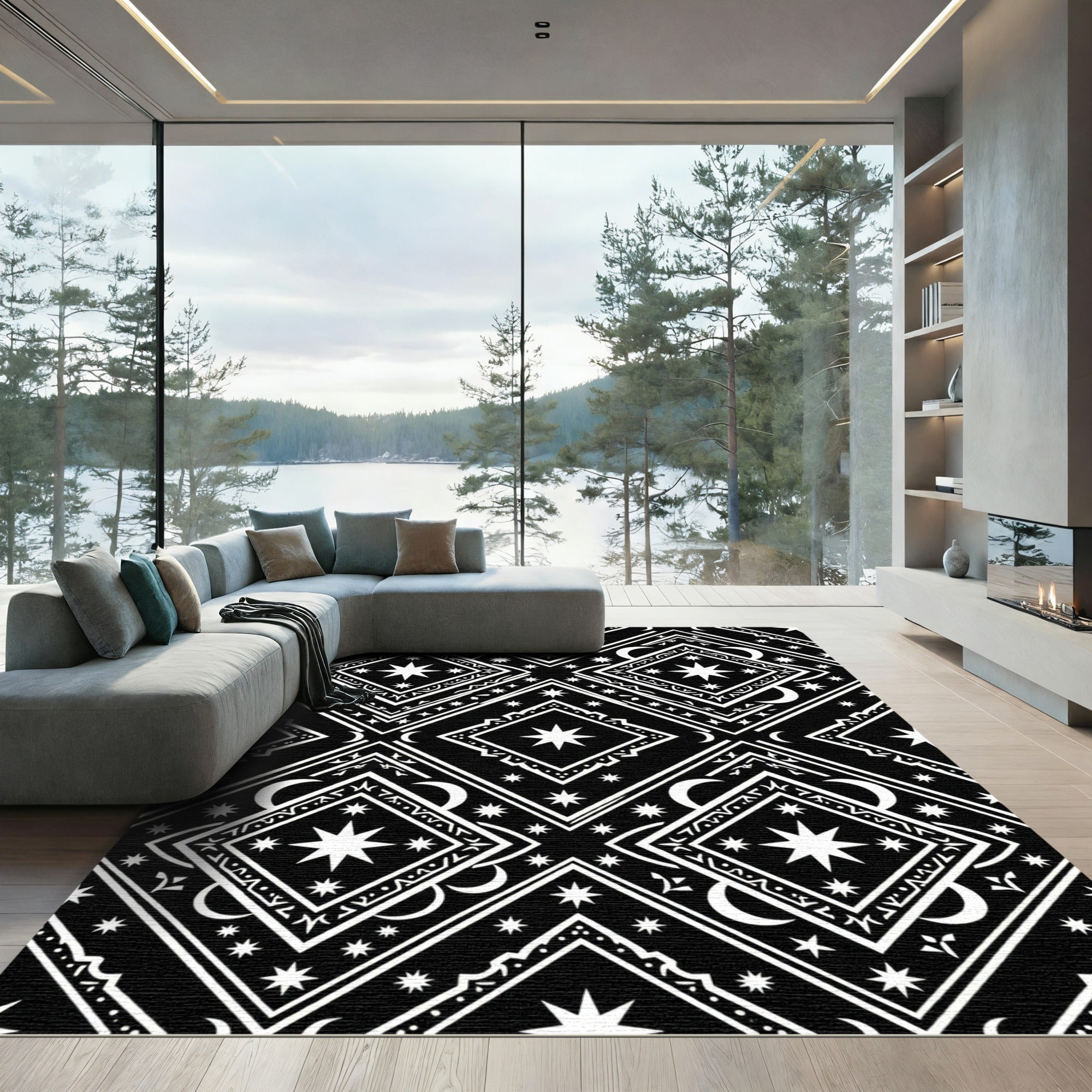 Celestial Black and White Diamond Tapestry Rug
