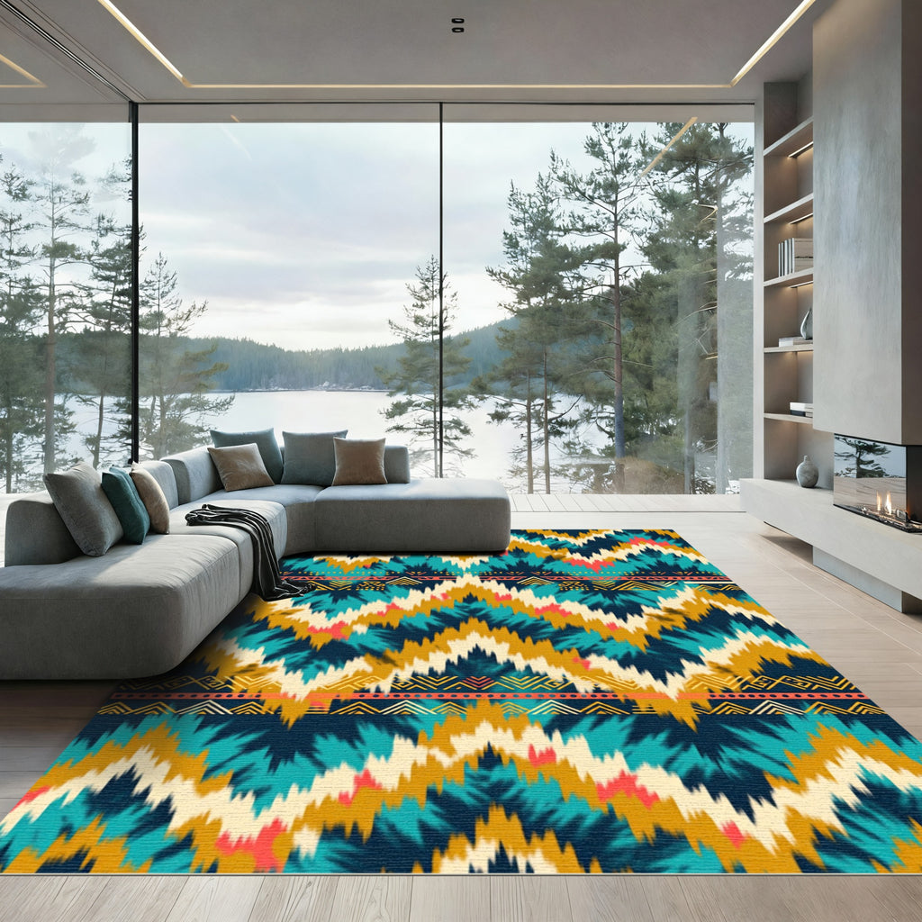 Vibrant Teal And Gold Chevron Rug