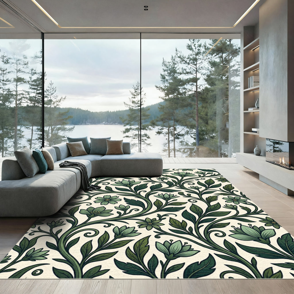 Elegant Forest Green Botanical Scroll Rug