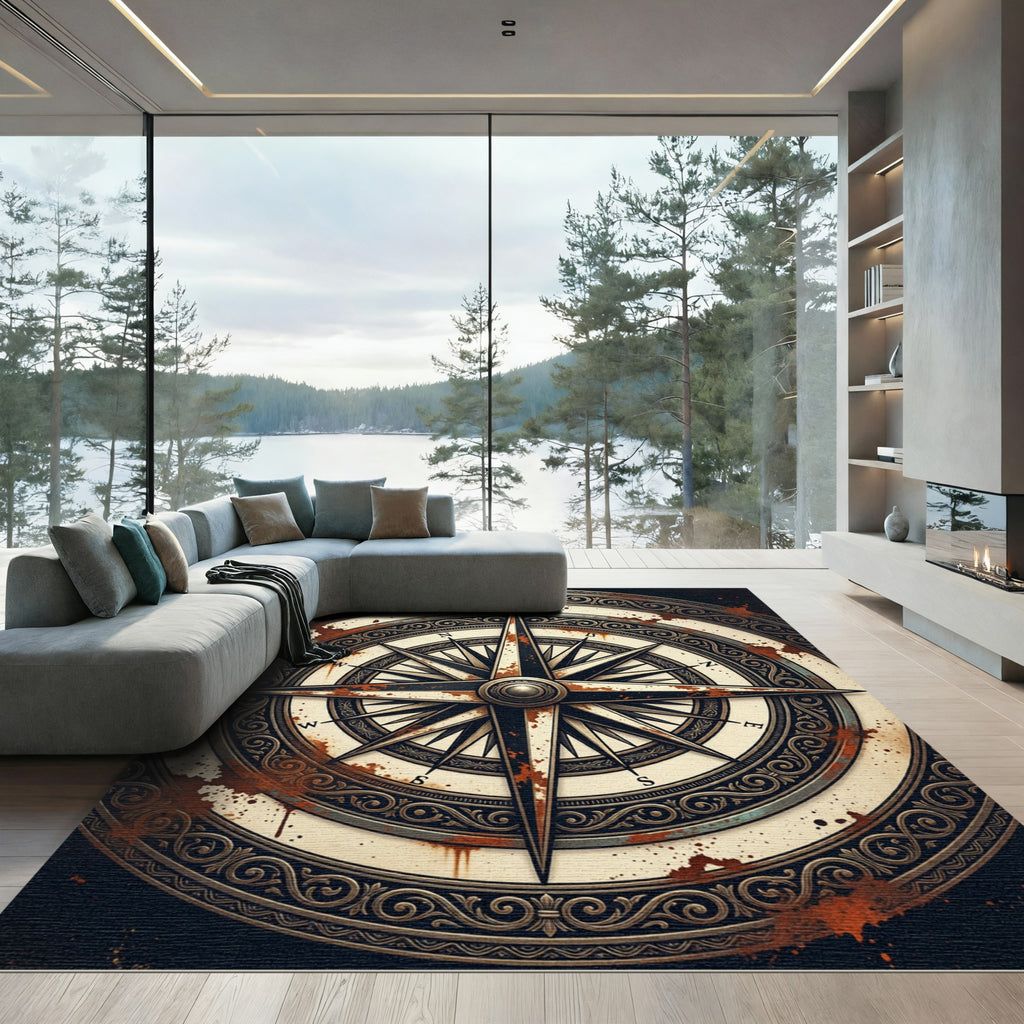 Antique Distressed Compass Nautical Medallion Rug