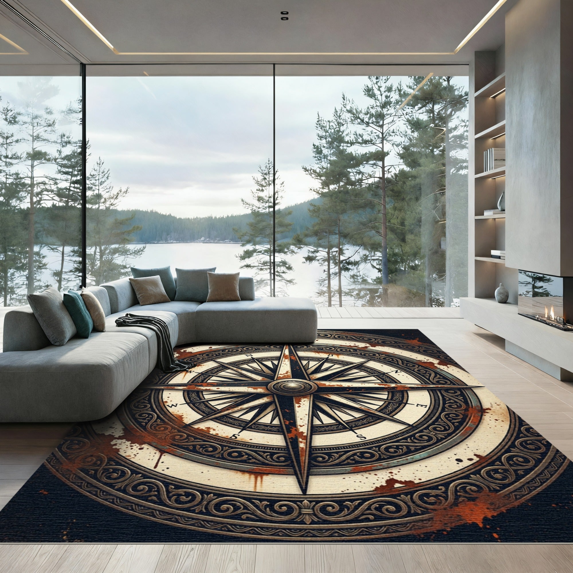 Antique Distressed Compass Nautical Medallion Rug