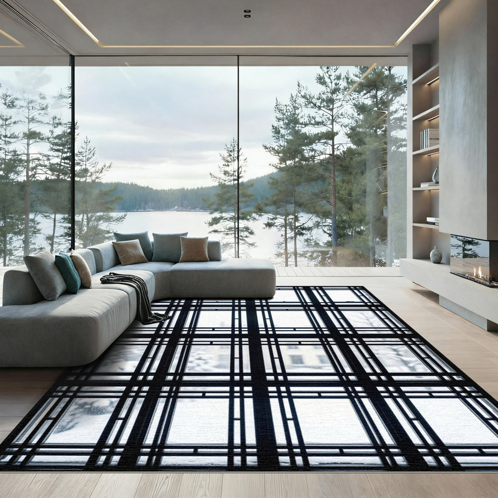 Monochromatic Black Grid Window Pane Rug