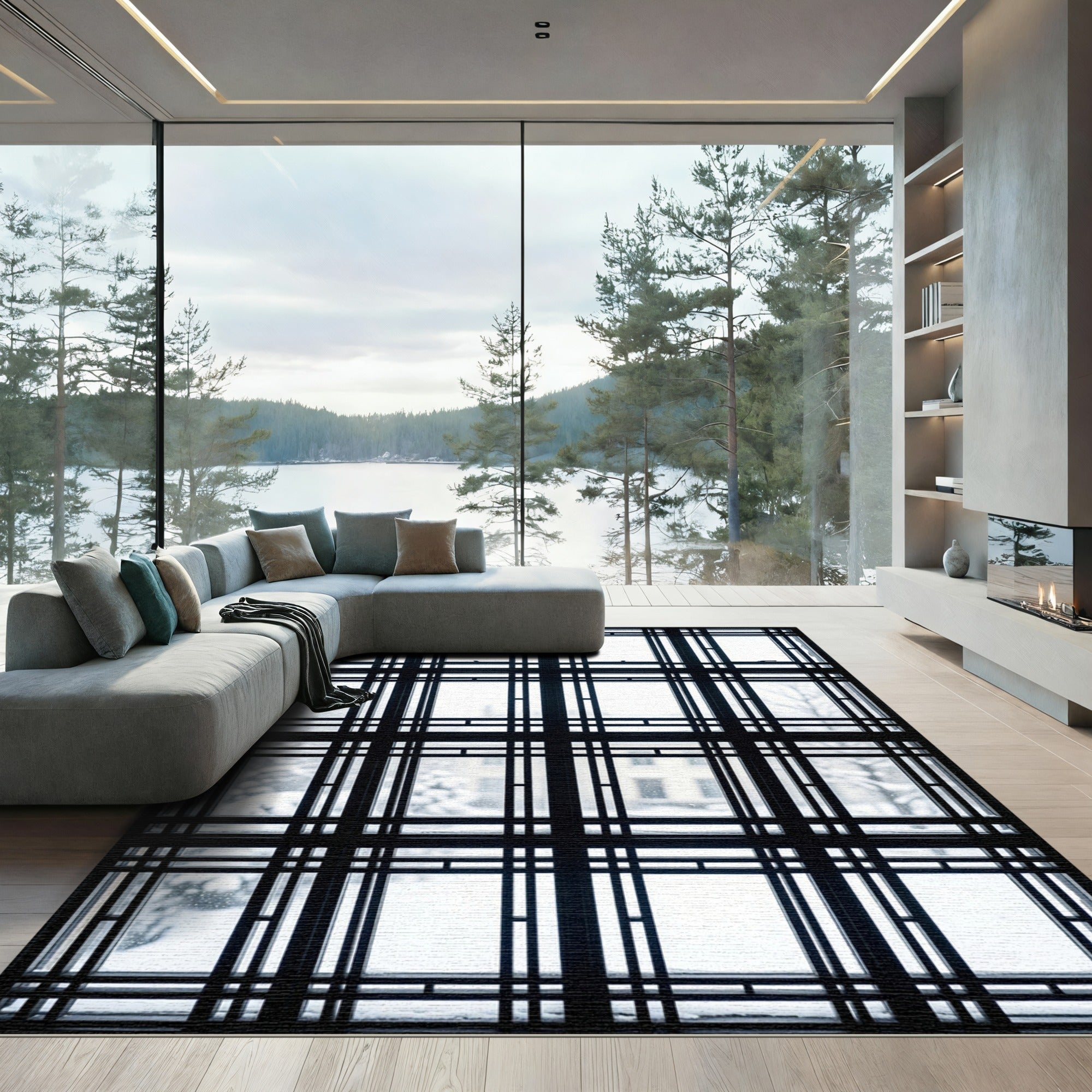 Monochromatic Black Grid Window Pane Rug