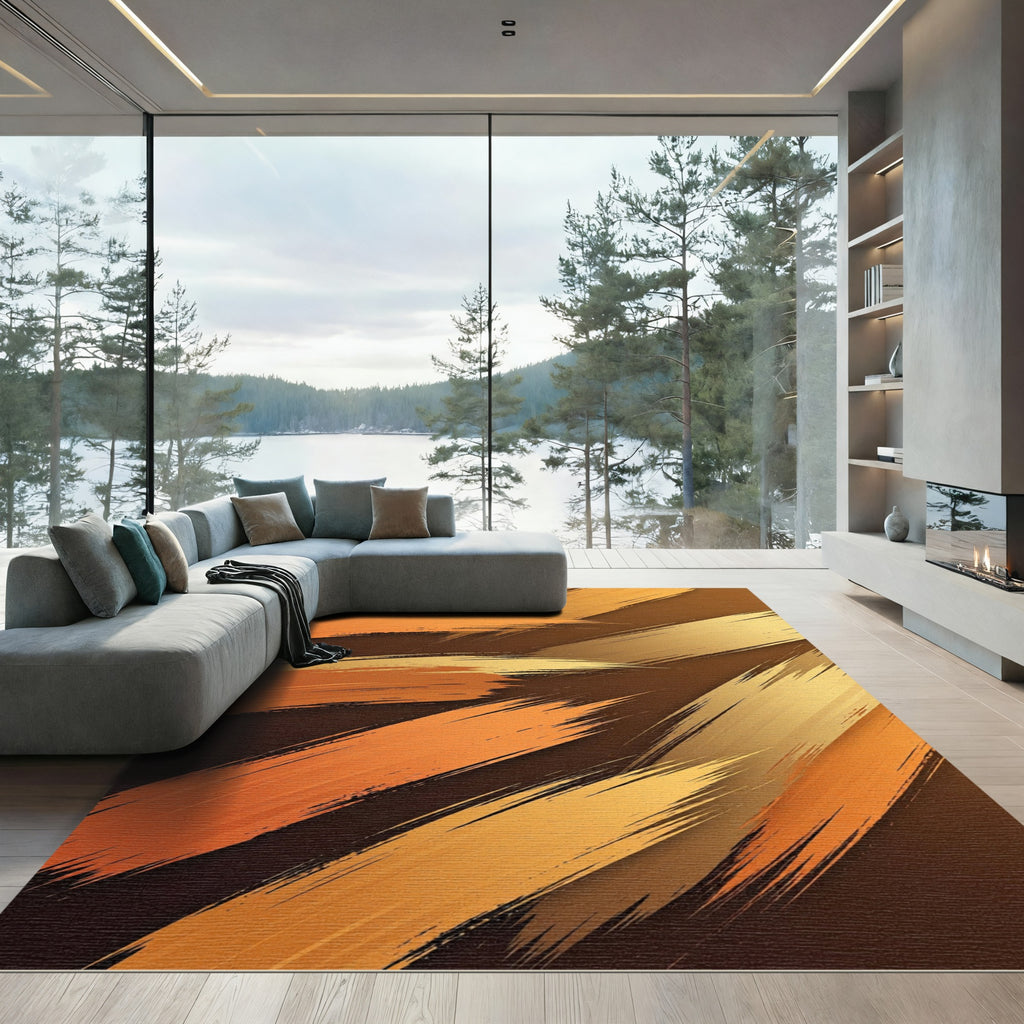 Golden Amber Abstract Brush Stroke Rug