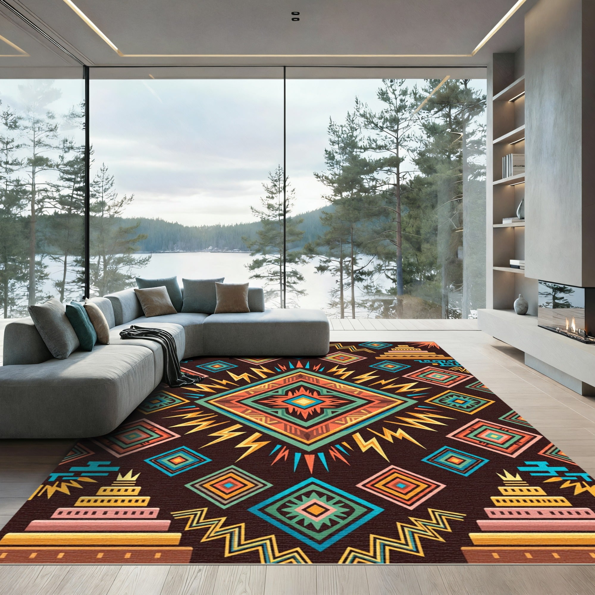 Vibrant Geometric Aztec Diamond Earthy Rug