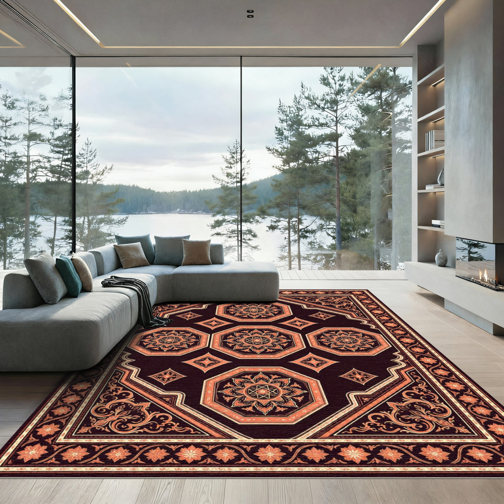 Elegant Dark Amber Octagon Medallion Tapestry Rug
