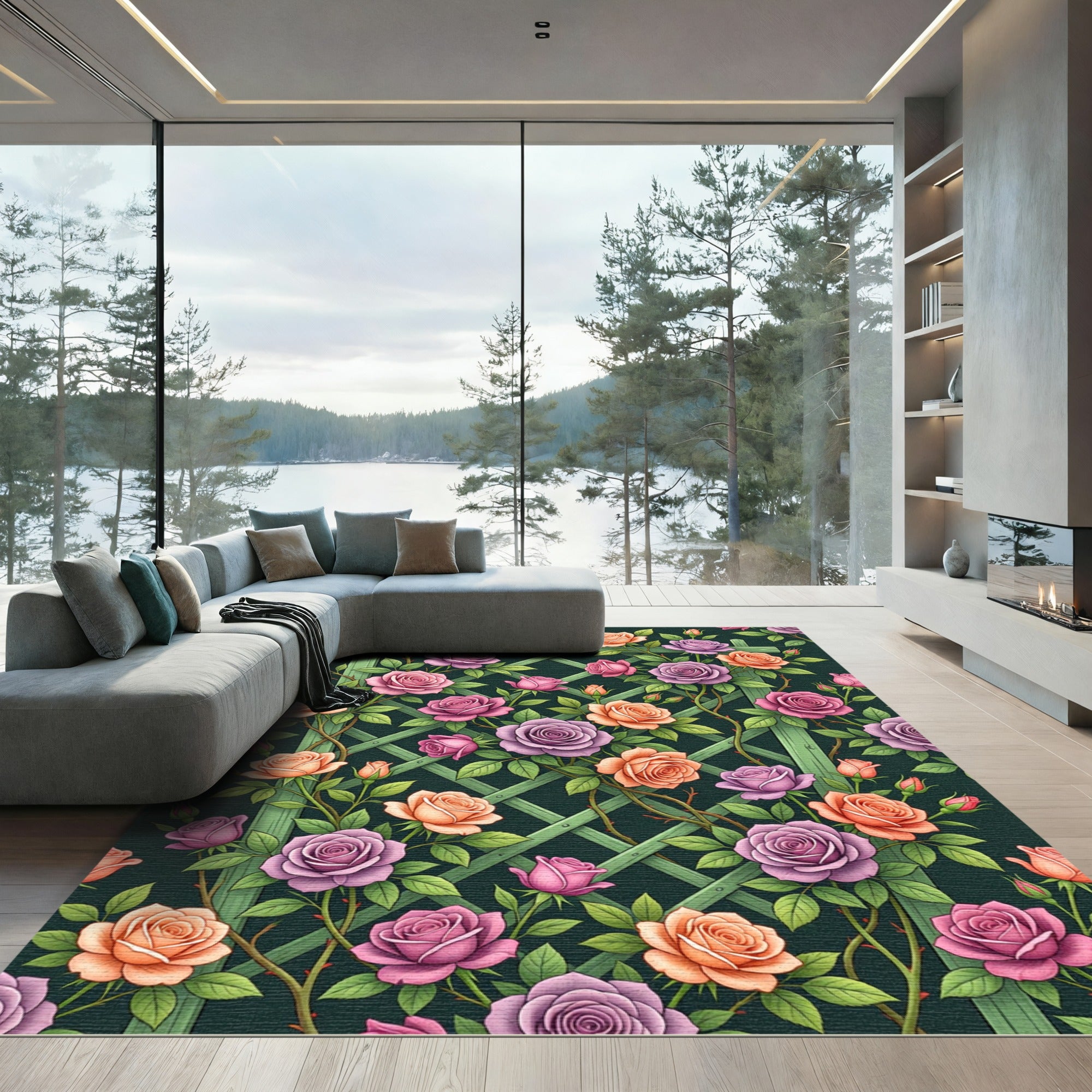 Lush Pastel Rose Trellis Garden Rug