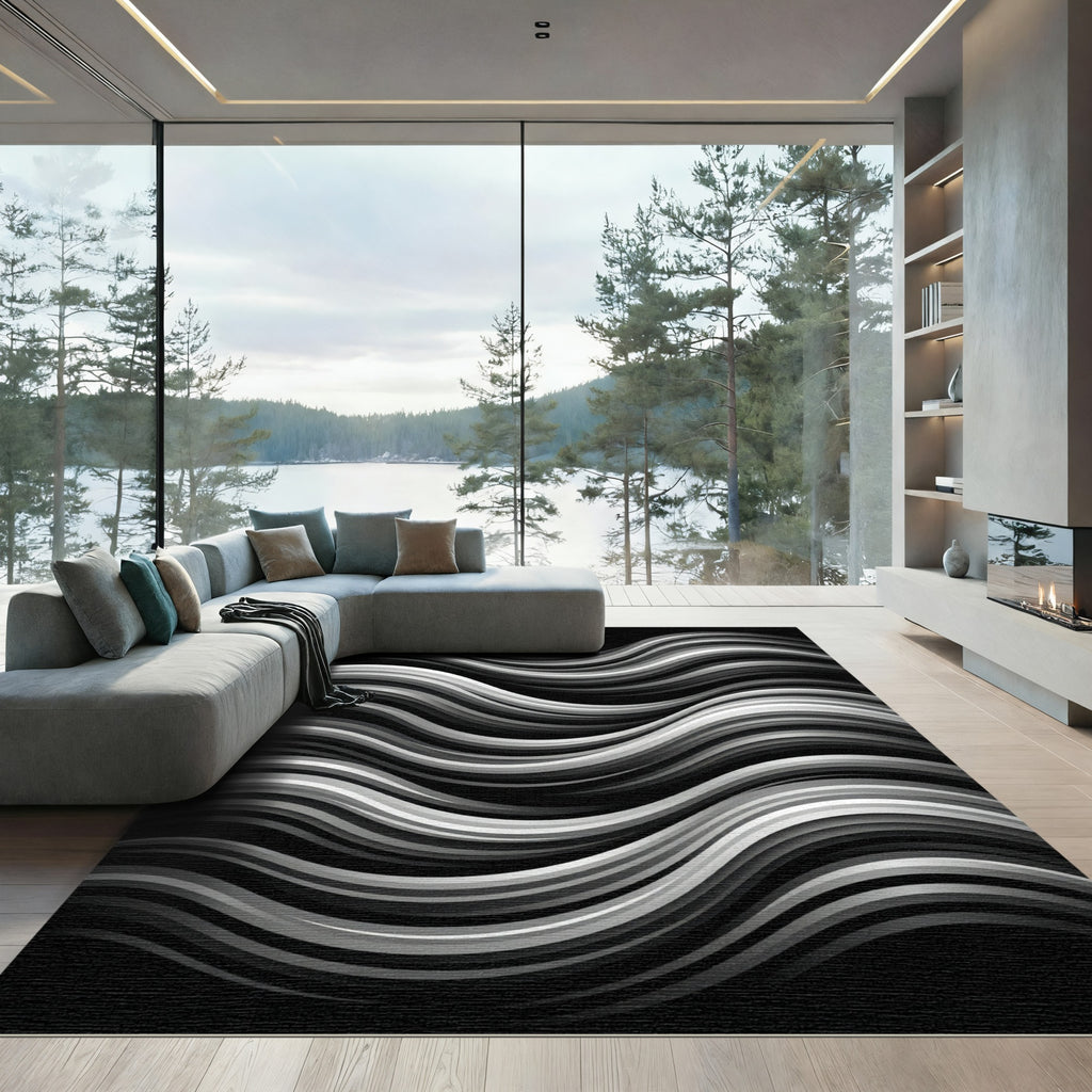 Monochrome Flowing Ribbon Abstract Rug