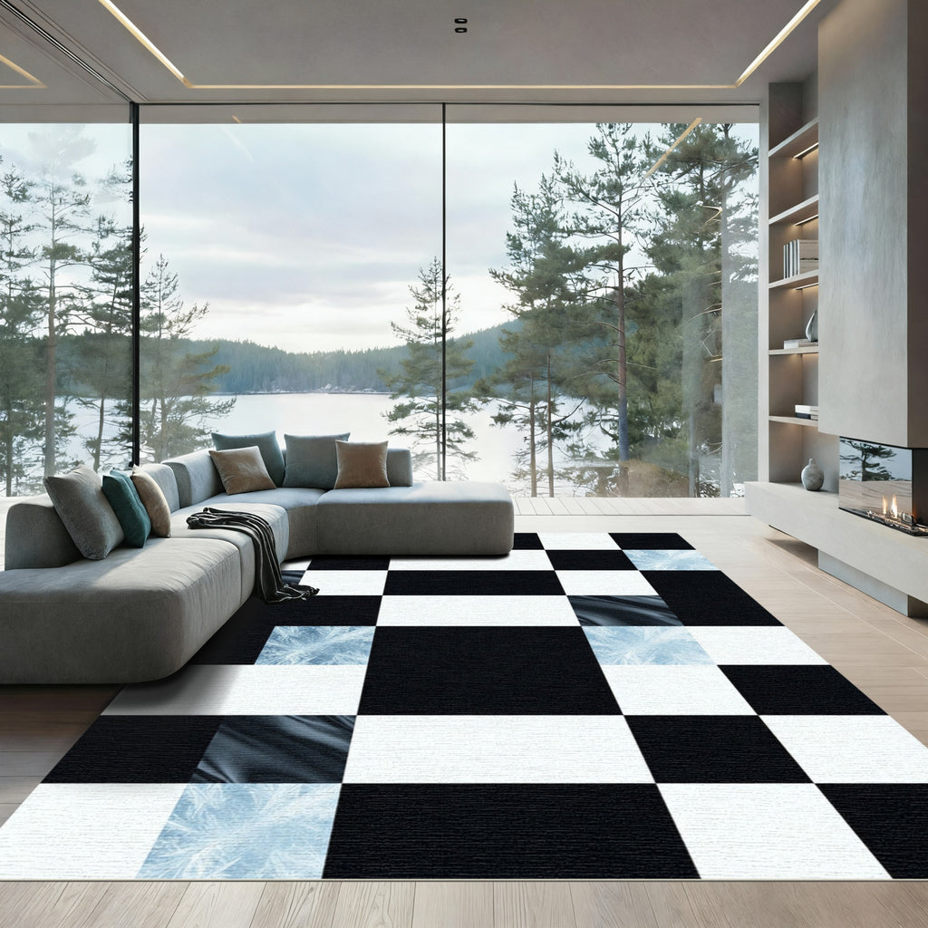 Cool Frosty Black White Squares Rug