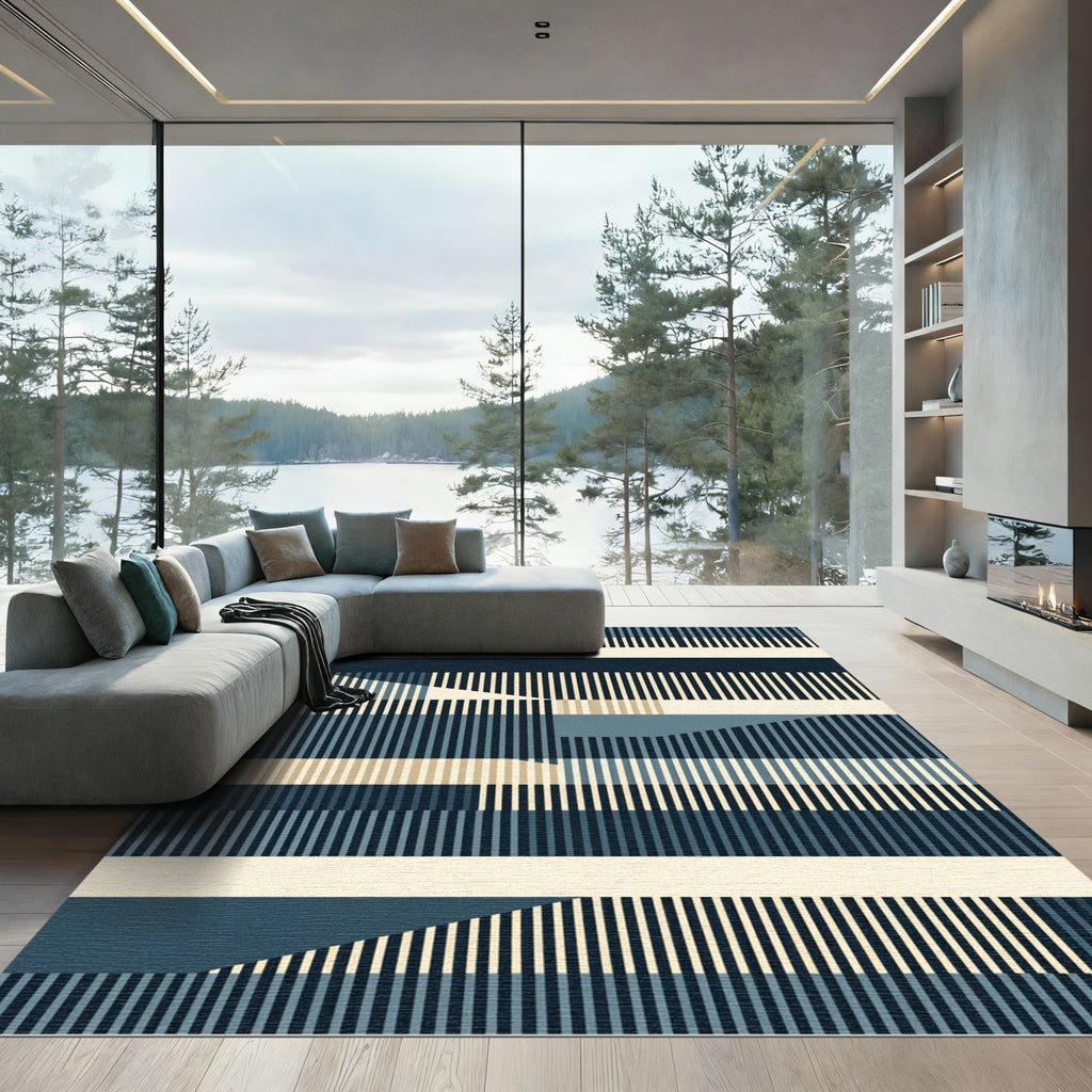 Abstract Navy Blue Linear Stripe Rug