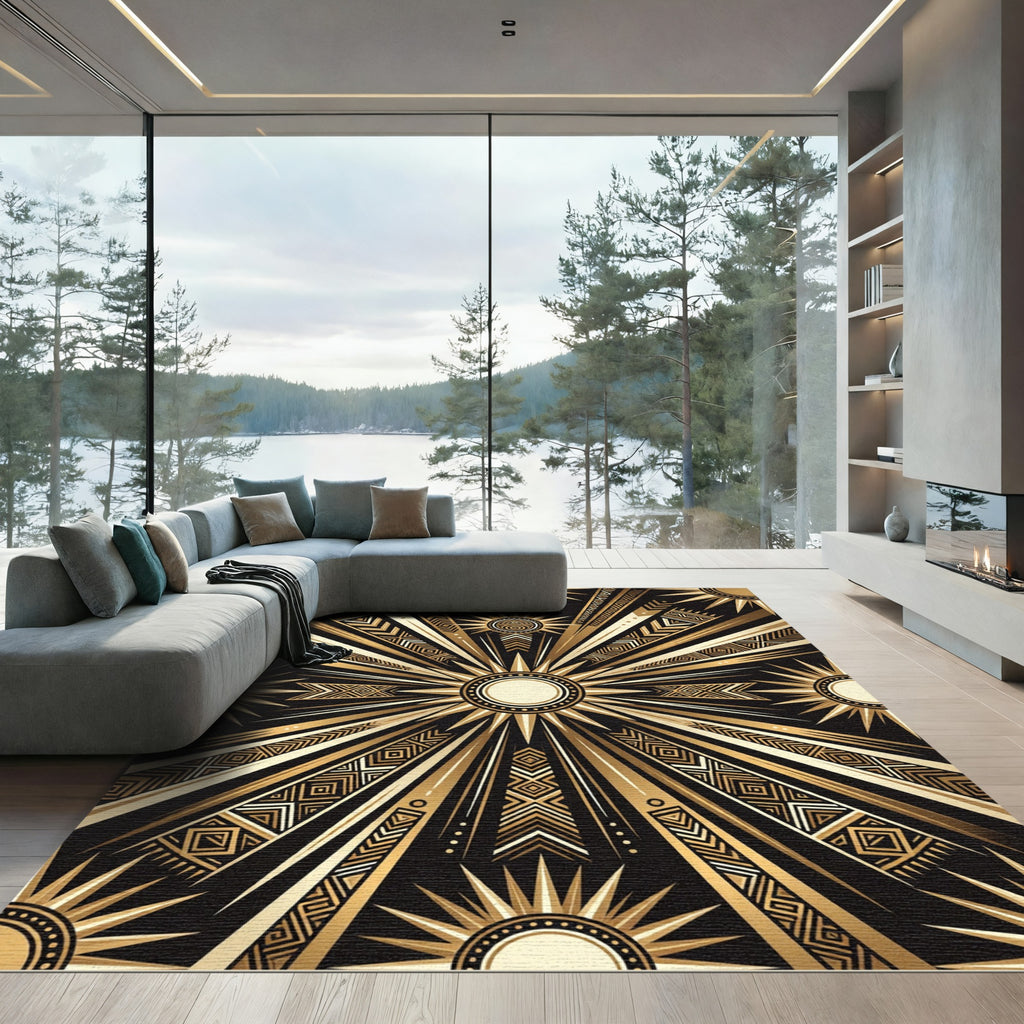 Radiant Gold Sunburst Geometric Rug
