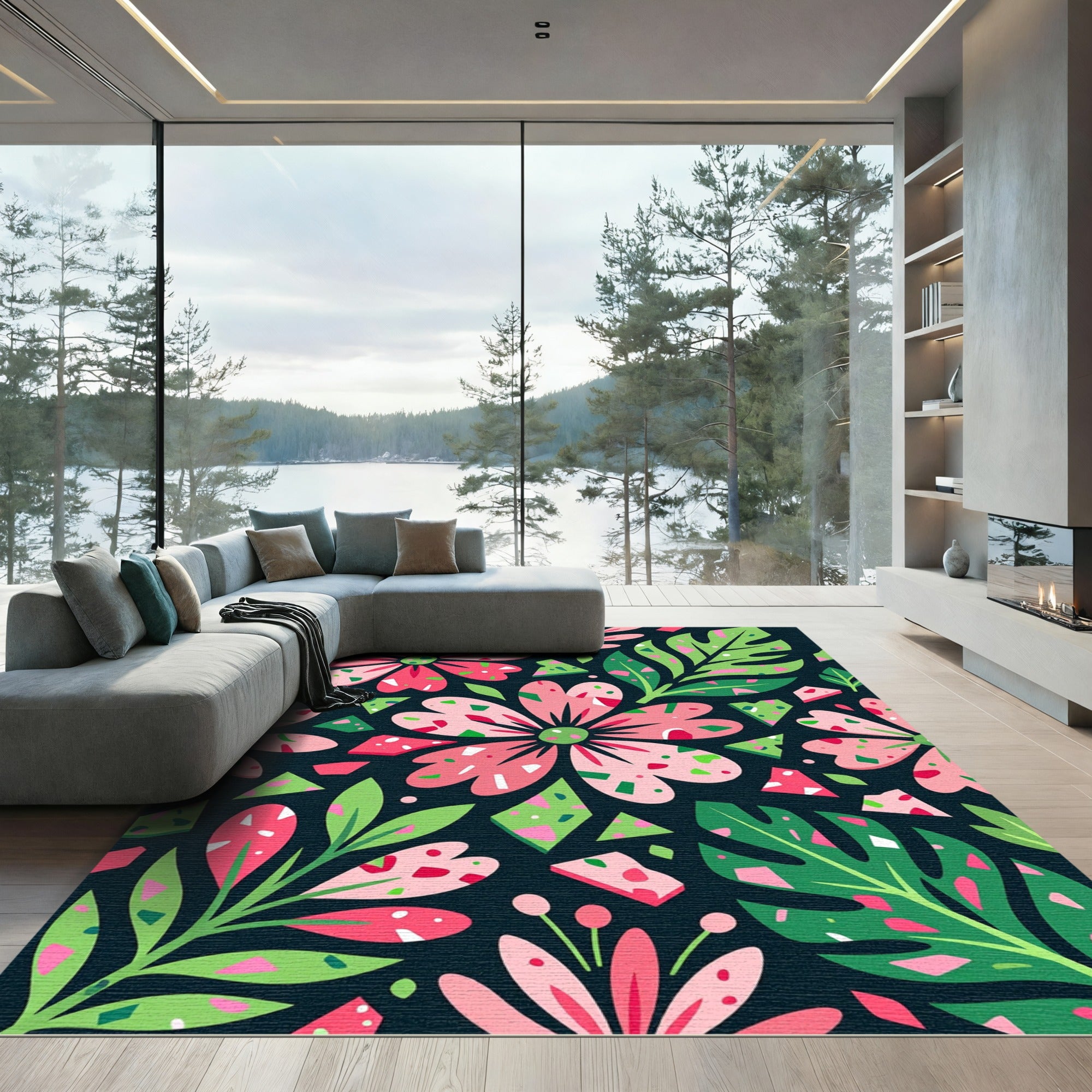 Vibrant Pink Floral Tropical Leaves Rug