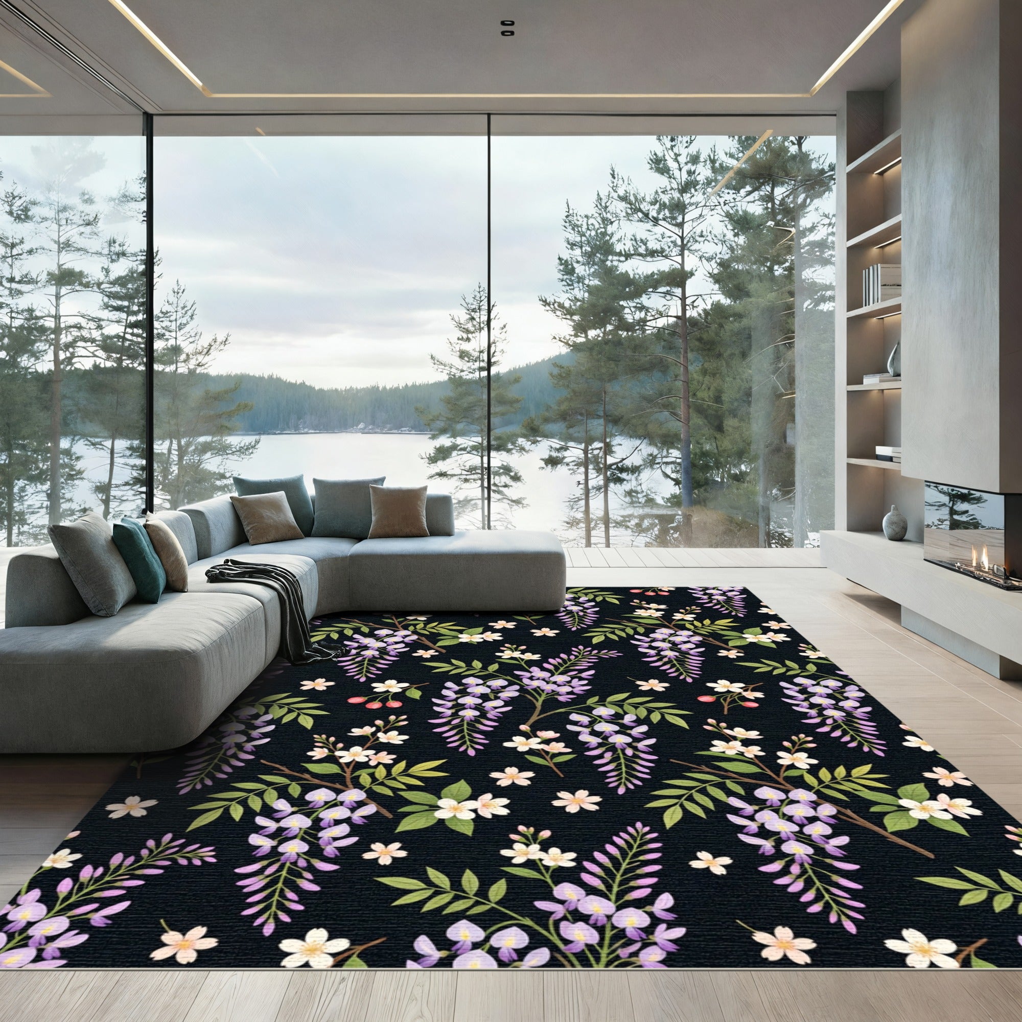 Floral Wisteria Bloom Dark Background Rug