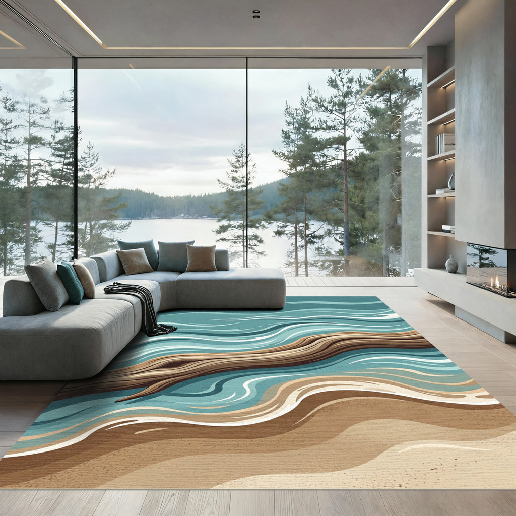 Abstract Driftwood On Rippling Teal Shore Rug