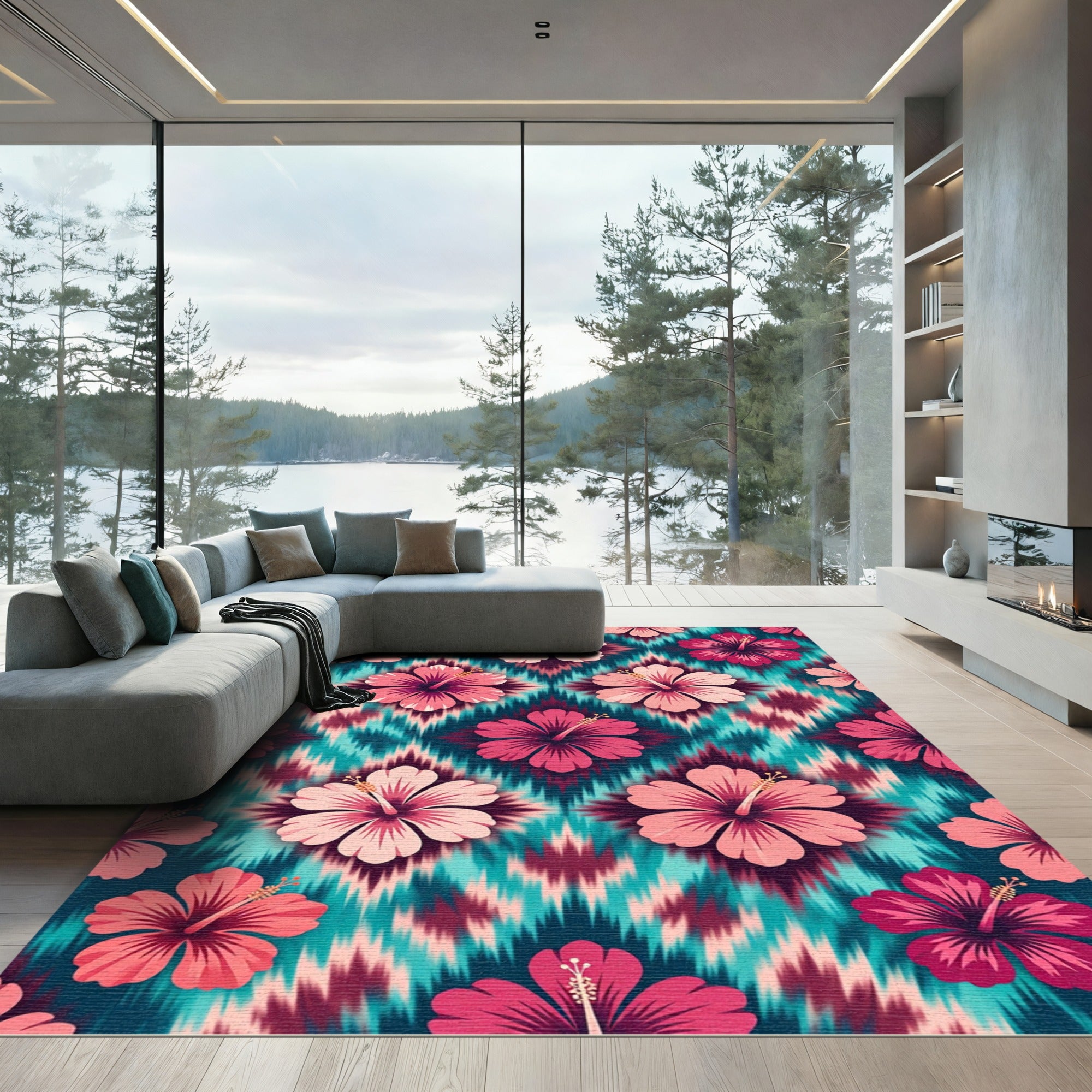 Vibrant Pink Hibiscus Ikat Rug