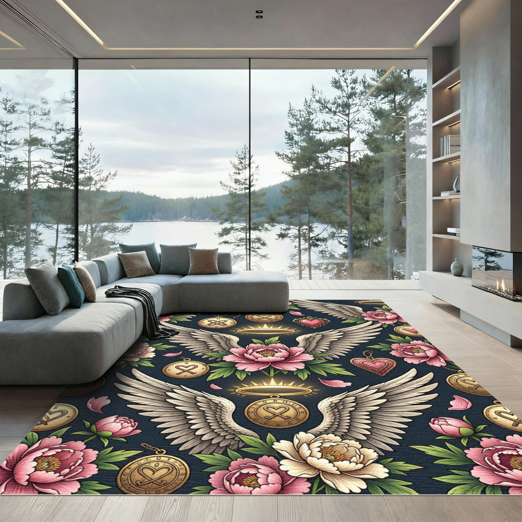 Pink Peony Angel Wing Heart Medallion Rug