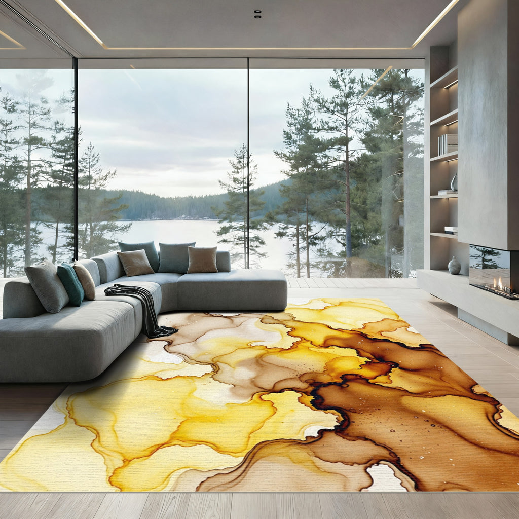 Golden Ochre Flowing Alcohol Ink Abstract Rug