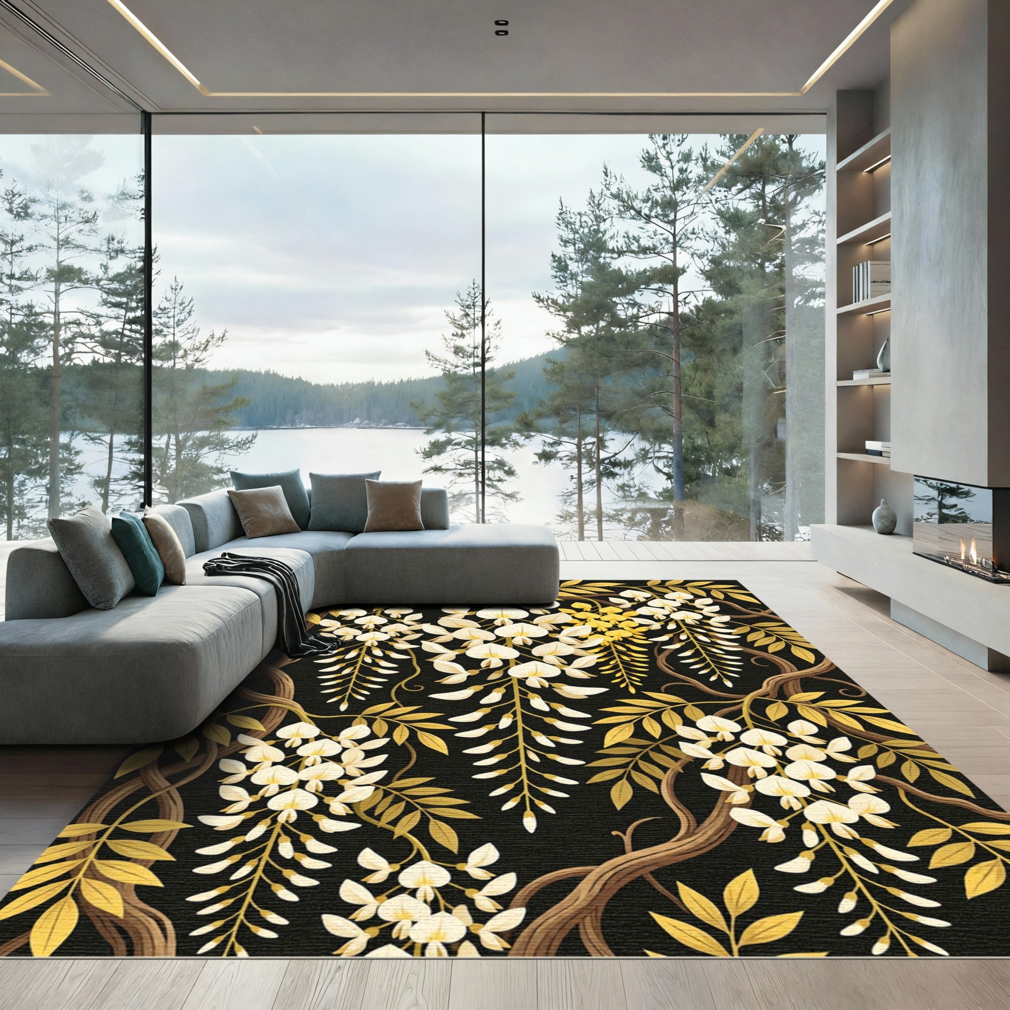Elegant Gold Wisteria Floral Vine Rug