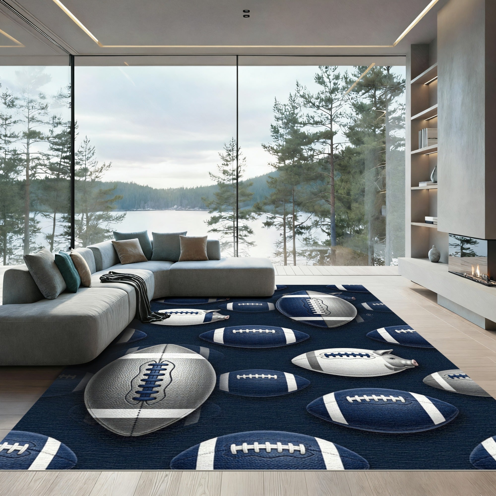 Navy Blue Football Pigskin Athletic Art Rug