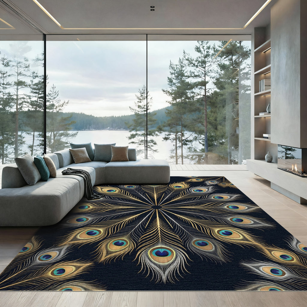 Gold and Teal Peacock Feather Mandala Rug