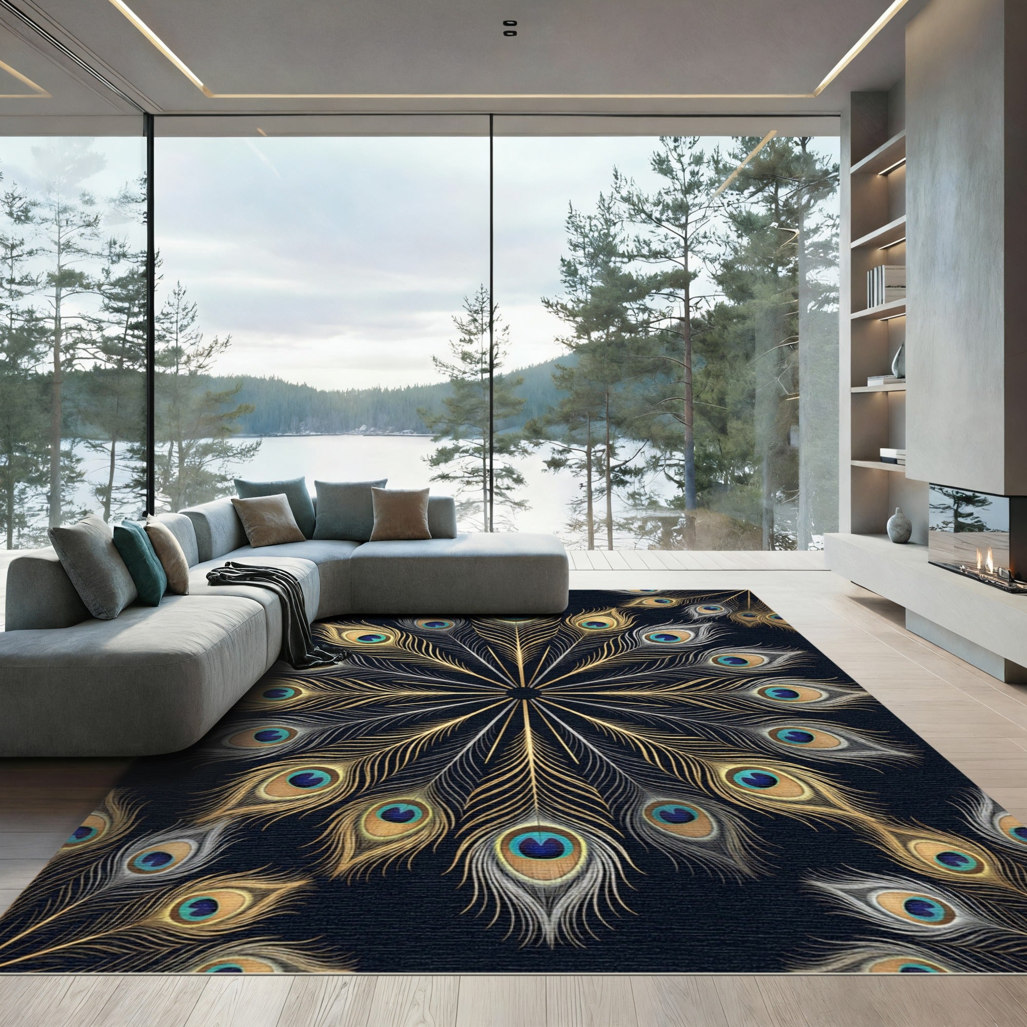 Gold and Teal Peacock Feather Mandala Rug