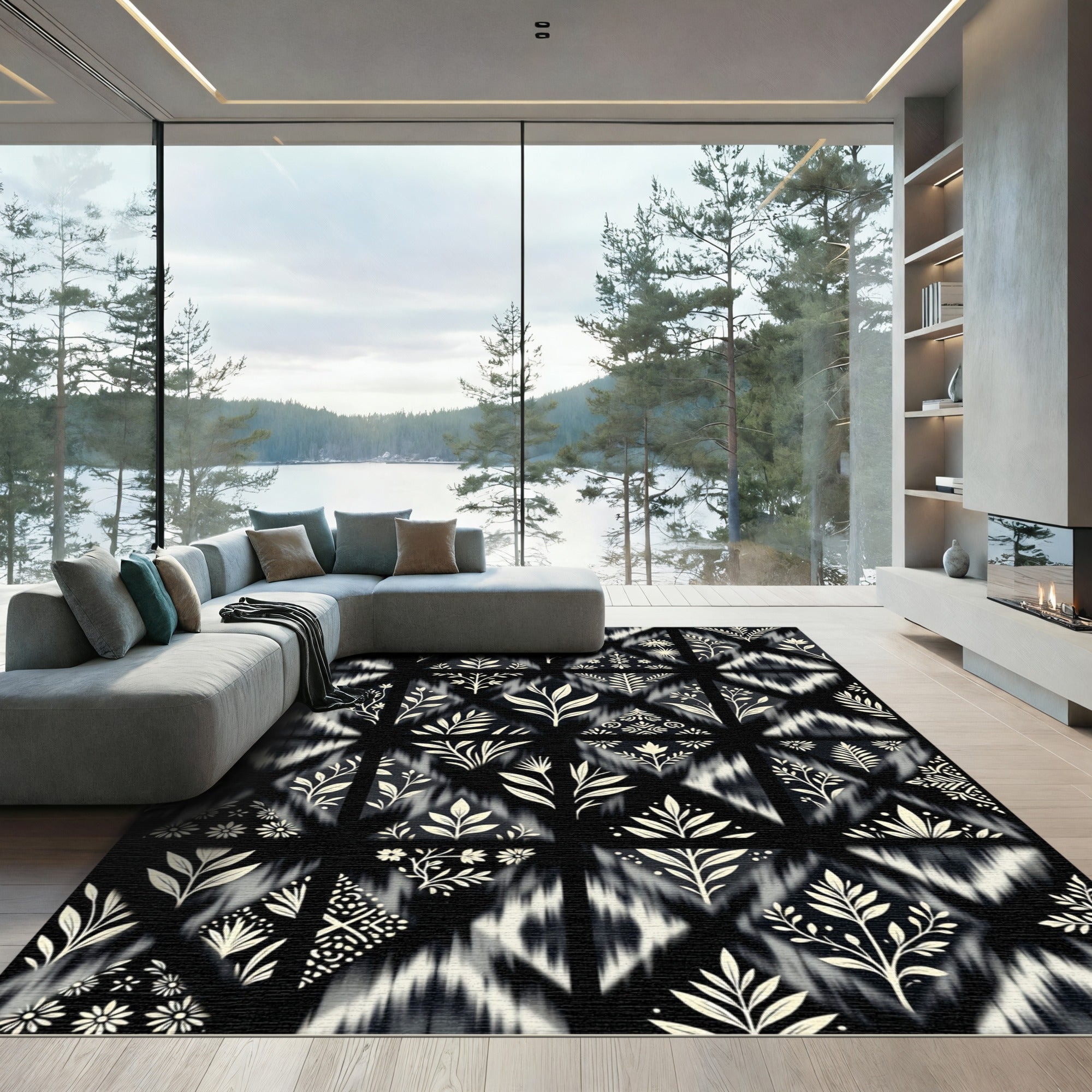 Black and Cream Botanical Diamond Rug
