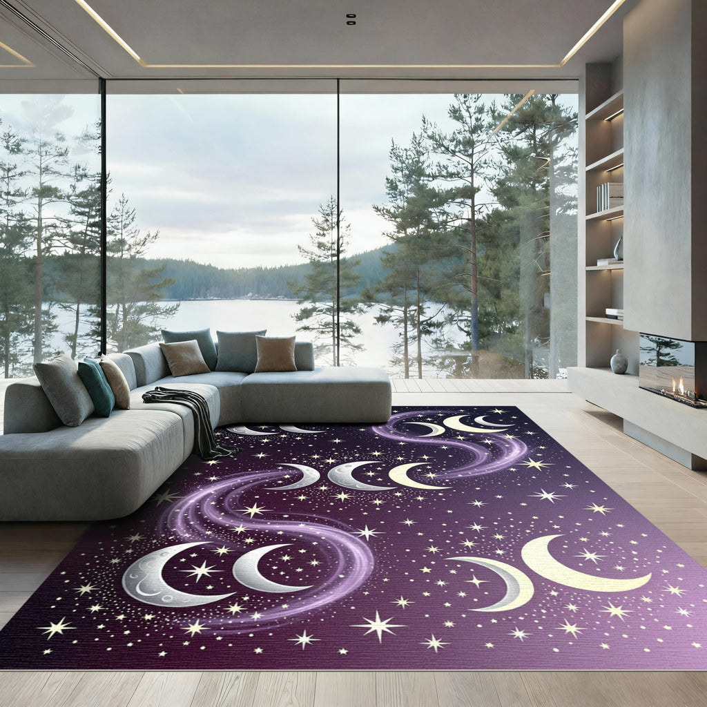 Celestial Crescent Moon and Starry Sky Rug