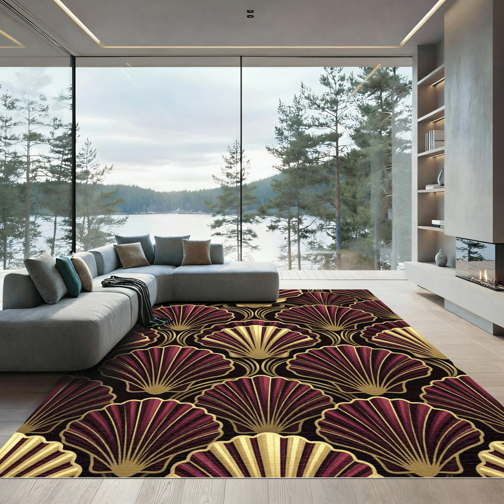 Art Deco Maroon Burgundy Golden Shell Rug