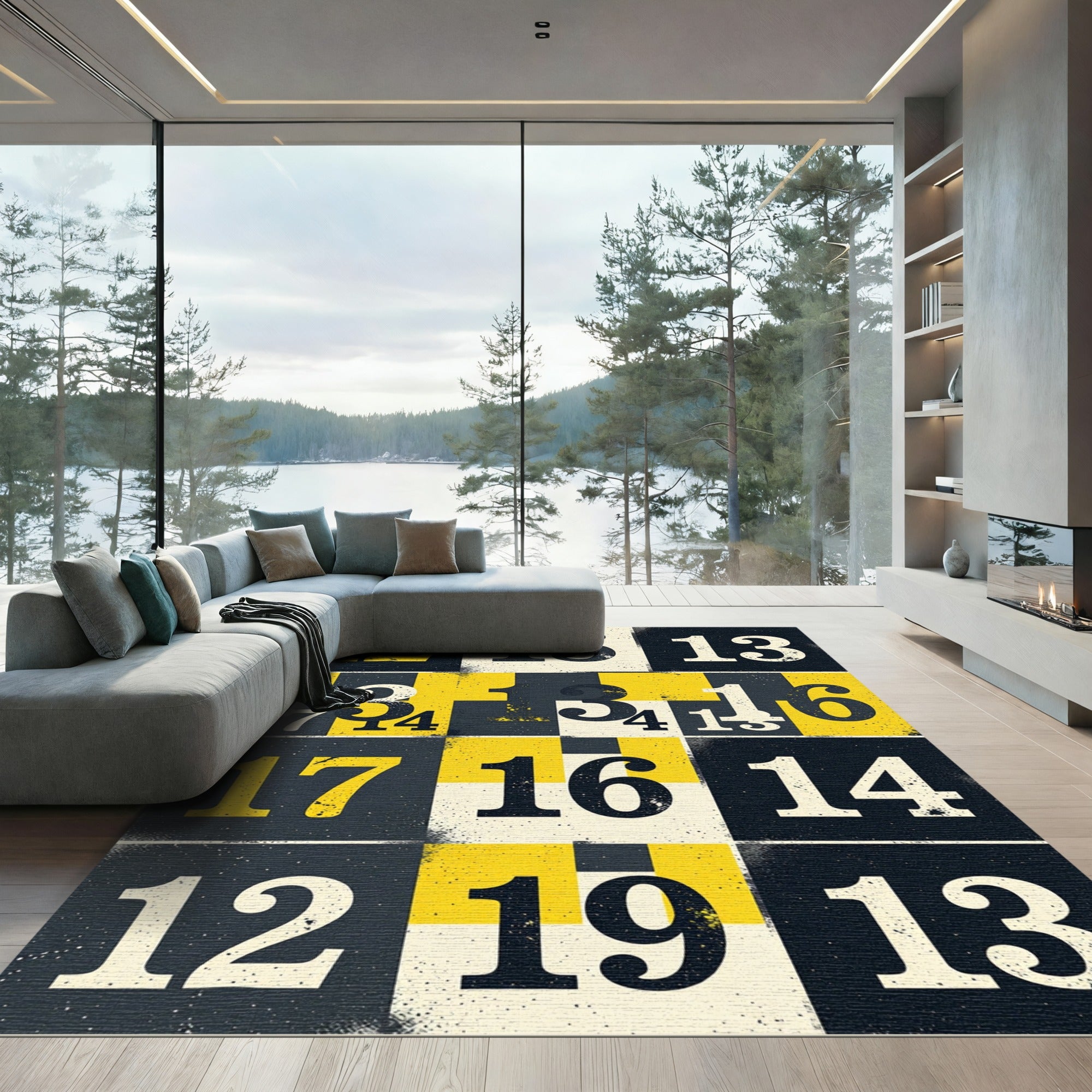 Geometric Yellow Black Number Grid Art Rug
