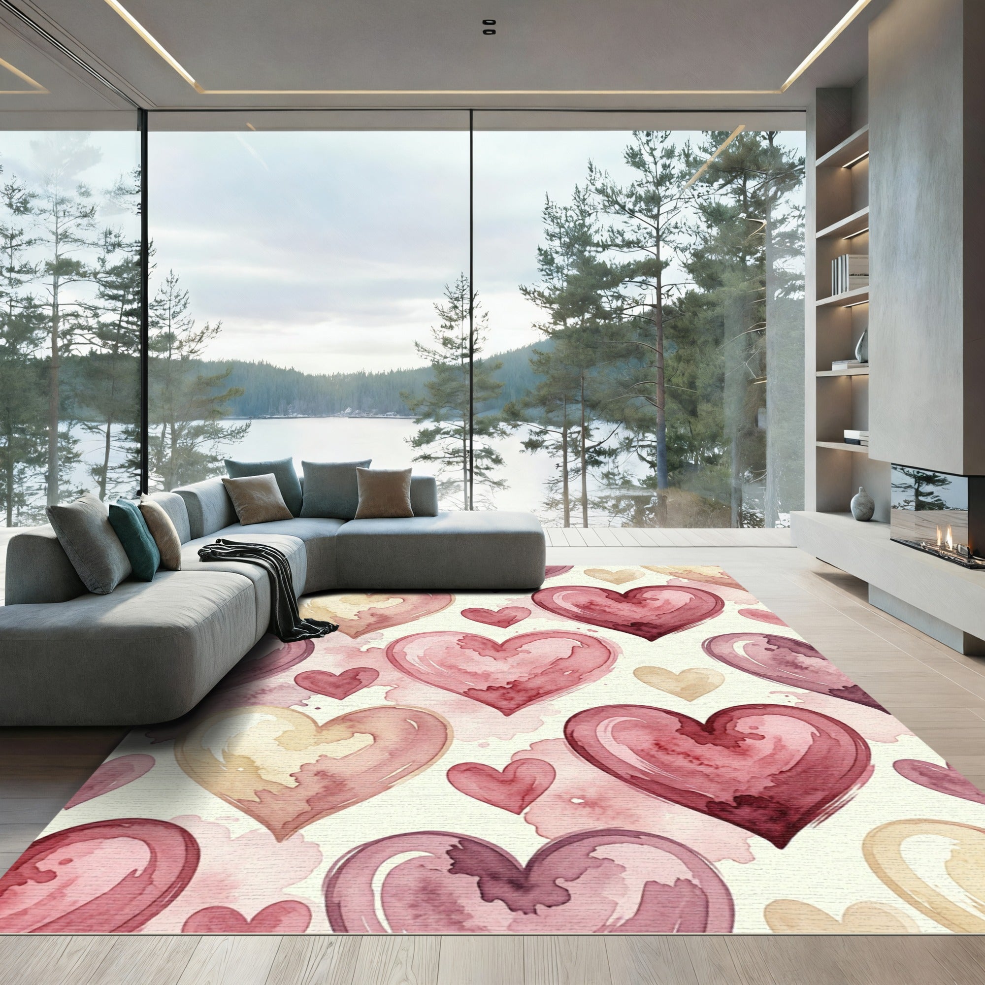 Watercolor Romantic Pink Heart Collage Rug