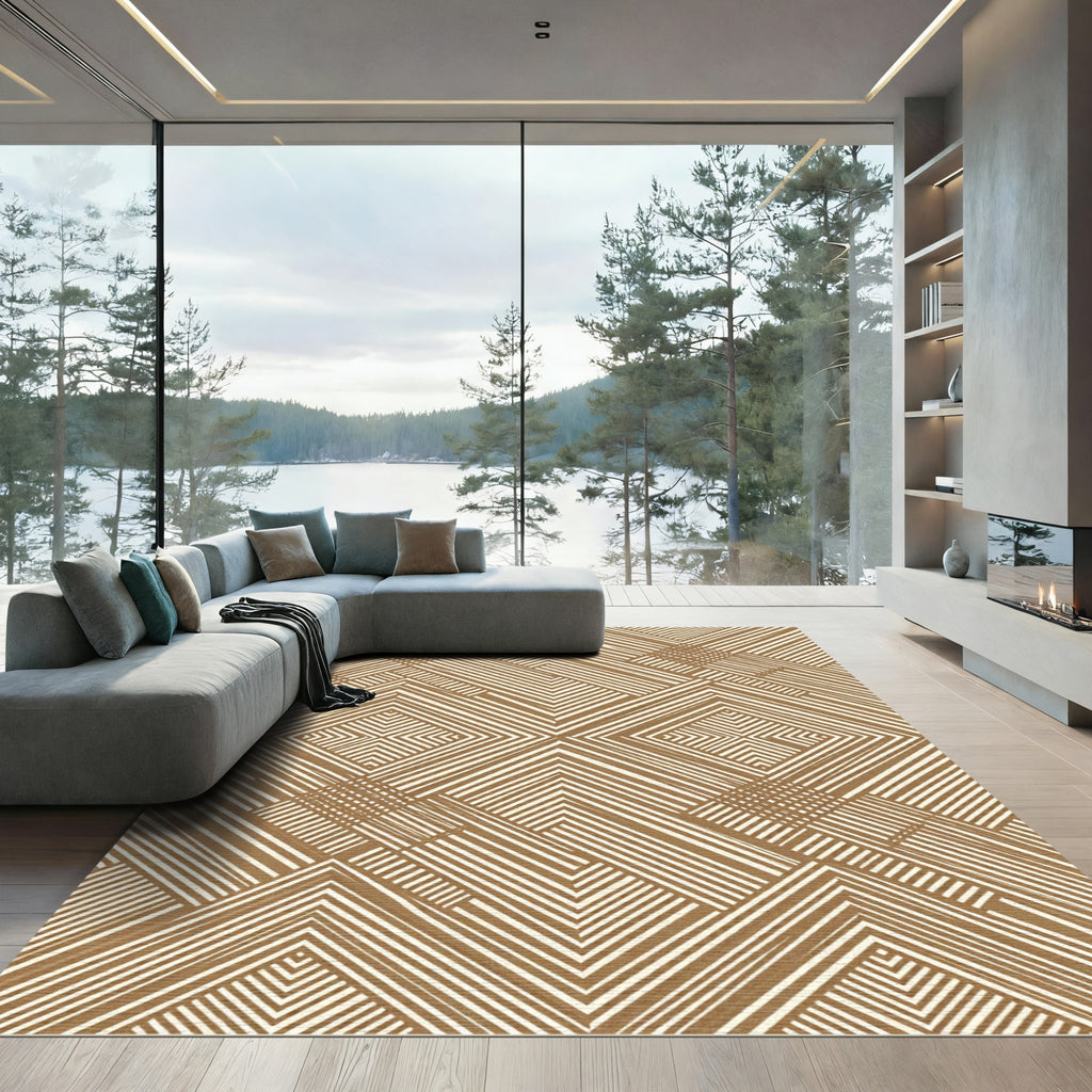 Neutral Brown Linear Geometric Chevron Rug