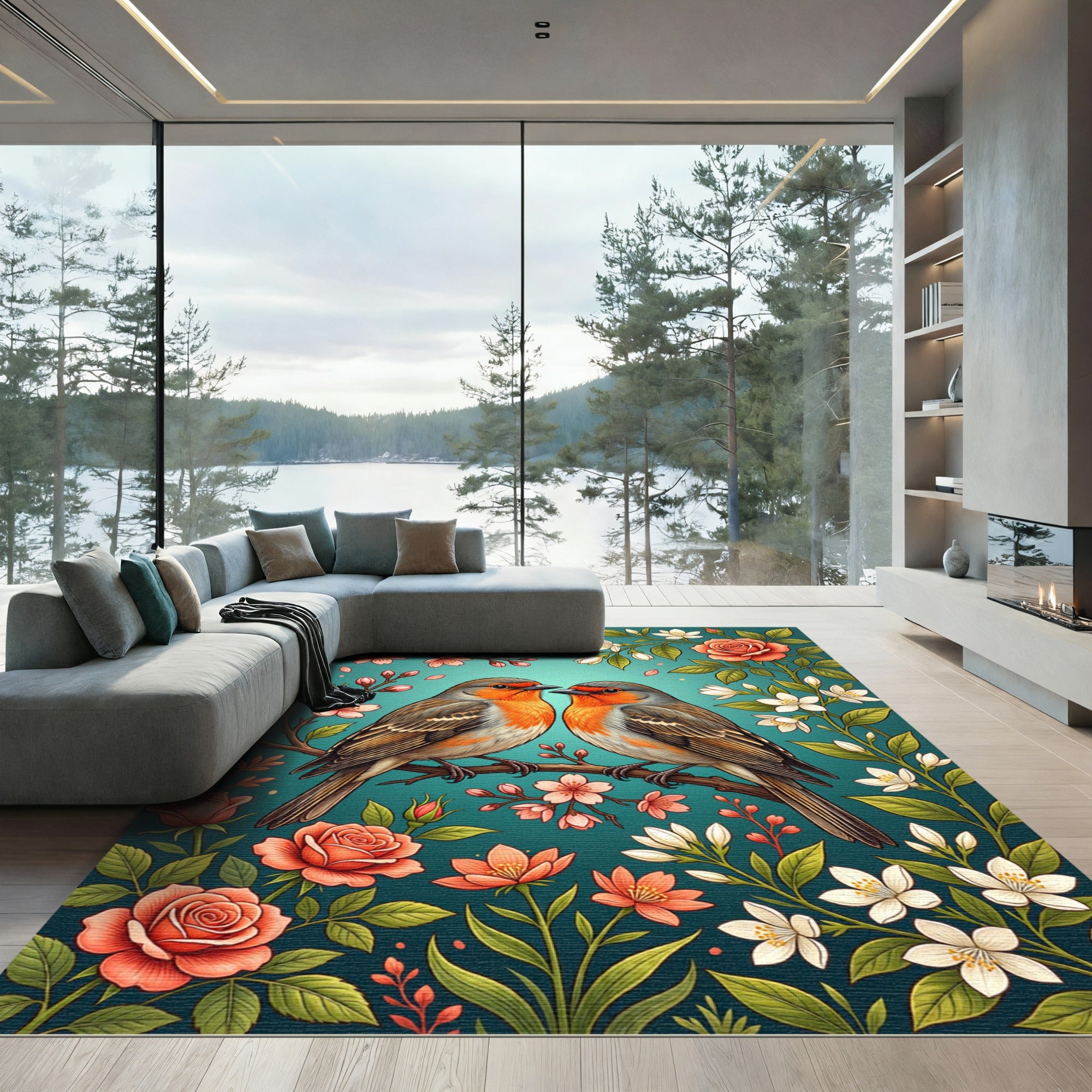 Coral Robins Amidst Floral Branches Rug