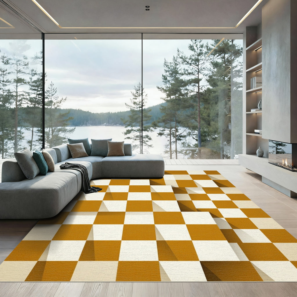 Amber Checkerboard Illusion Squares Rug