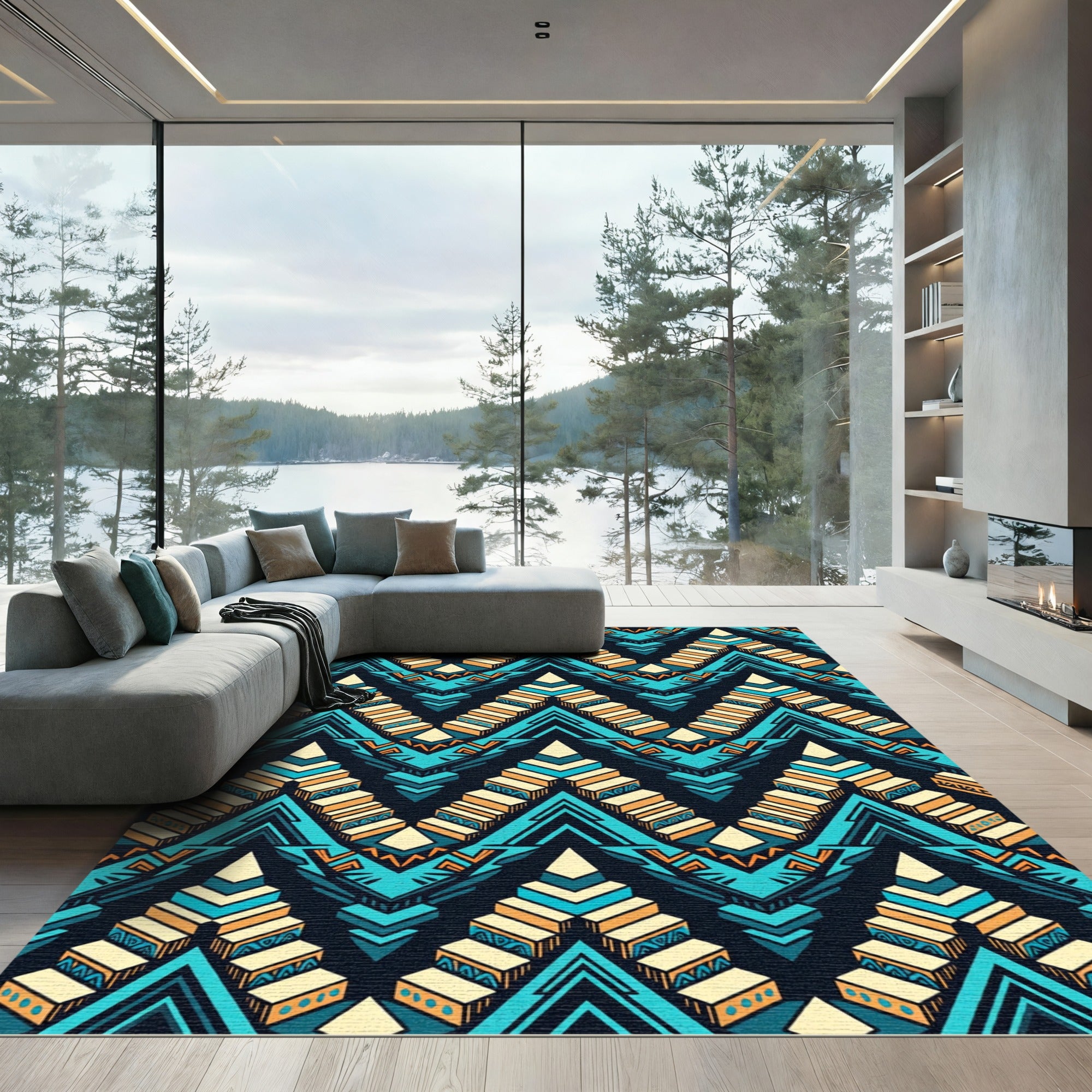 Vibrant Teal Geometric Aztec Staircase Rug