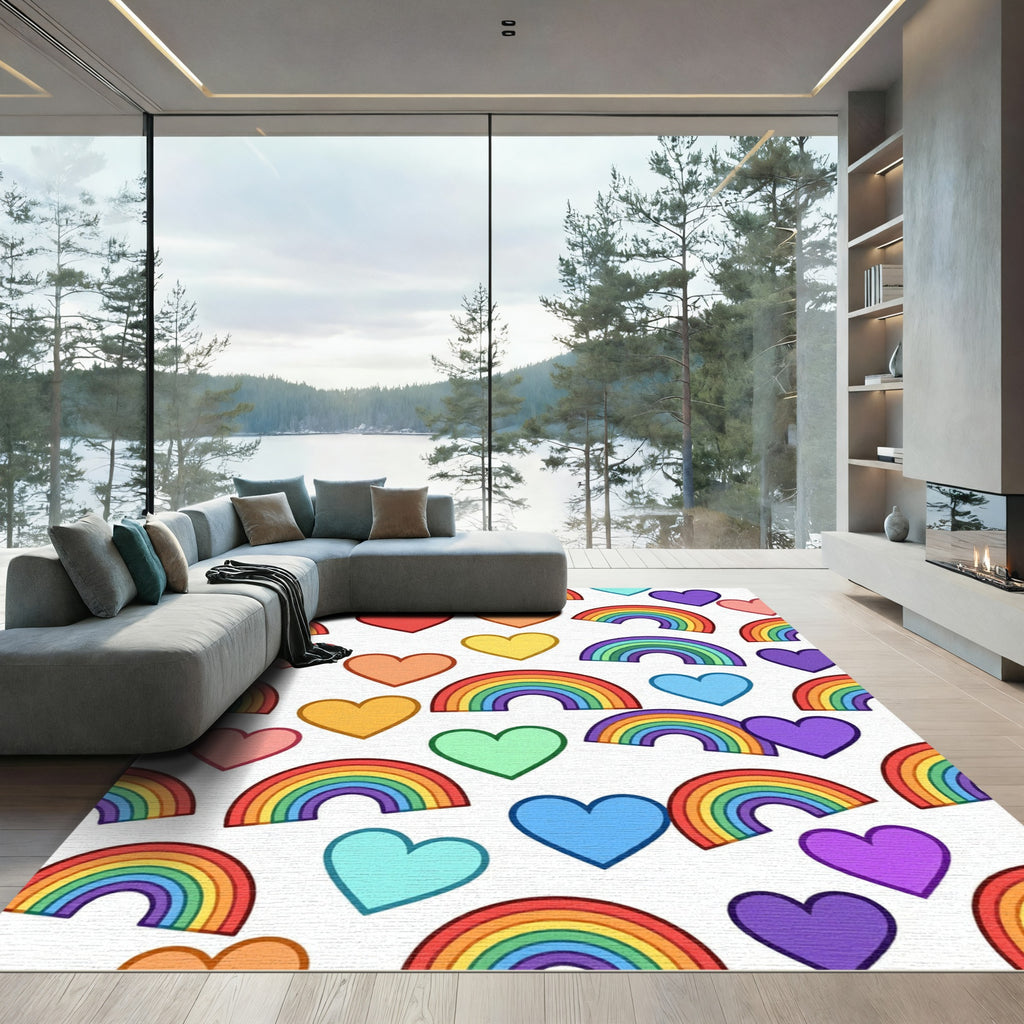Colorful Rainbow and Heart Joyful Art Rug
