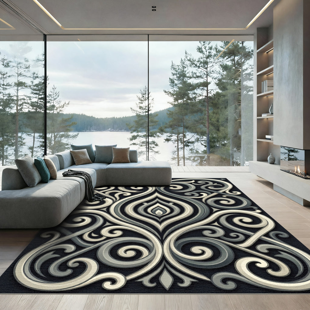 Elegant Monochrome Scrolling Filigree Swirls Rug