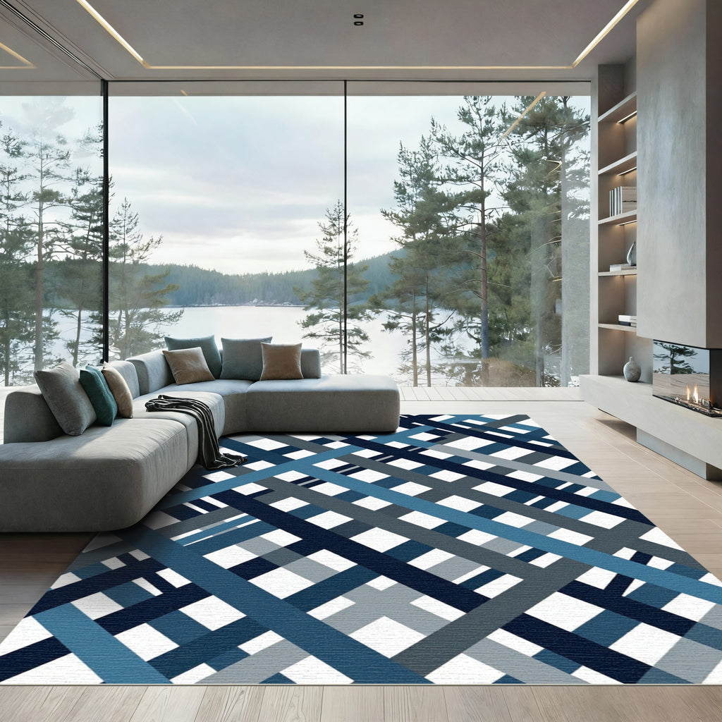 Modern Navy Blue Abstract Intersecting Plaid Rug