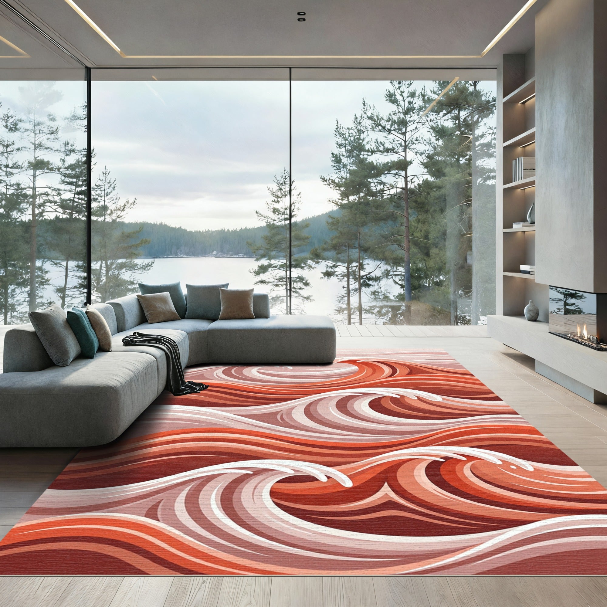 Crimson Contemporary Abstract Wave Rug