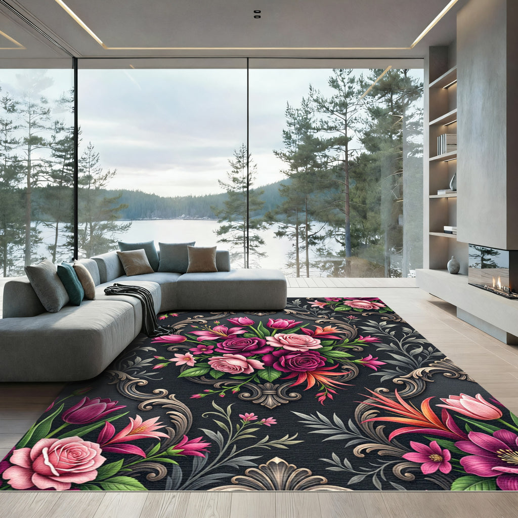 Dark Baroque Rose and Tulip Bouquet Rug