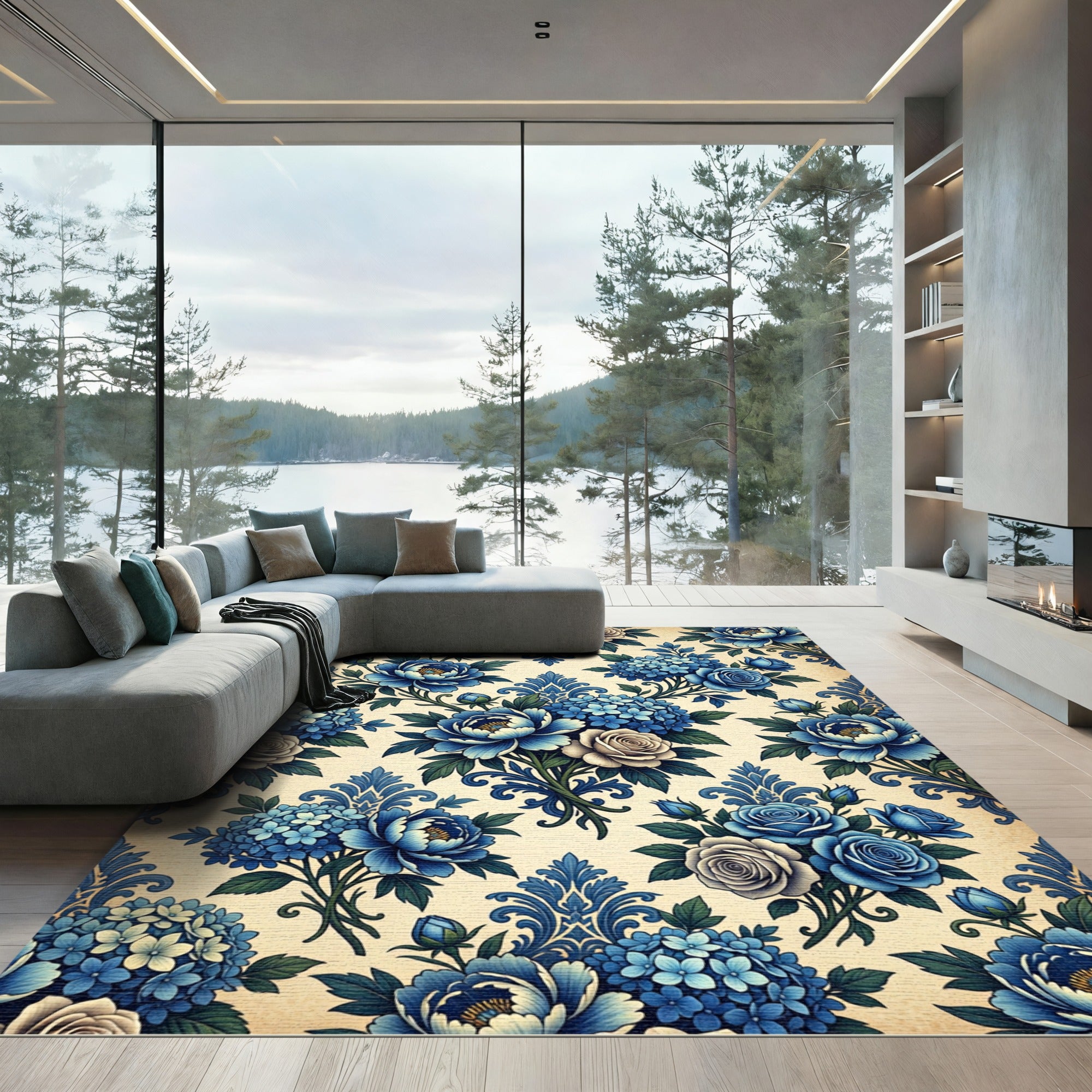 Navy Blue Floral Bouquet Garden Rug