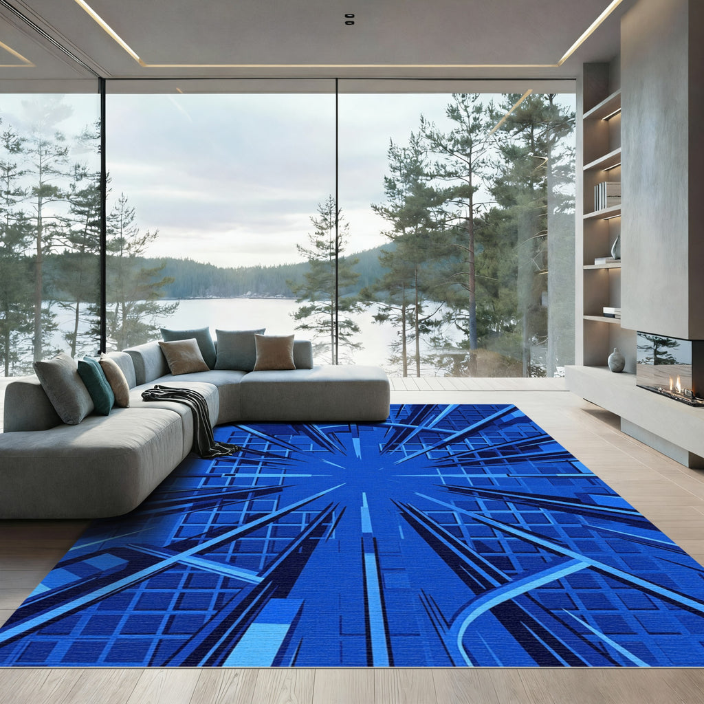 Modern Geometric Blue Perspective Grid Rug