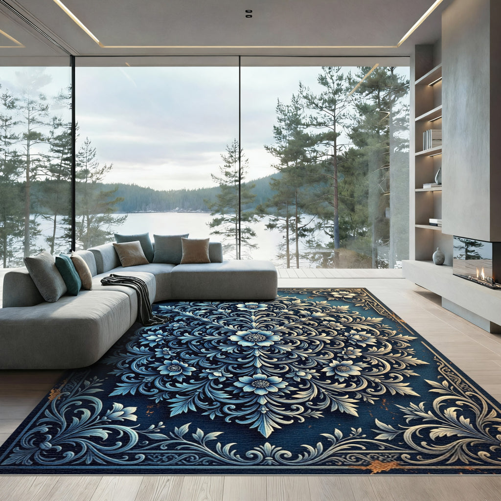 Ornate Azure Floral Medallion Rug