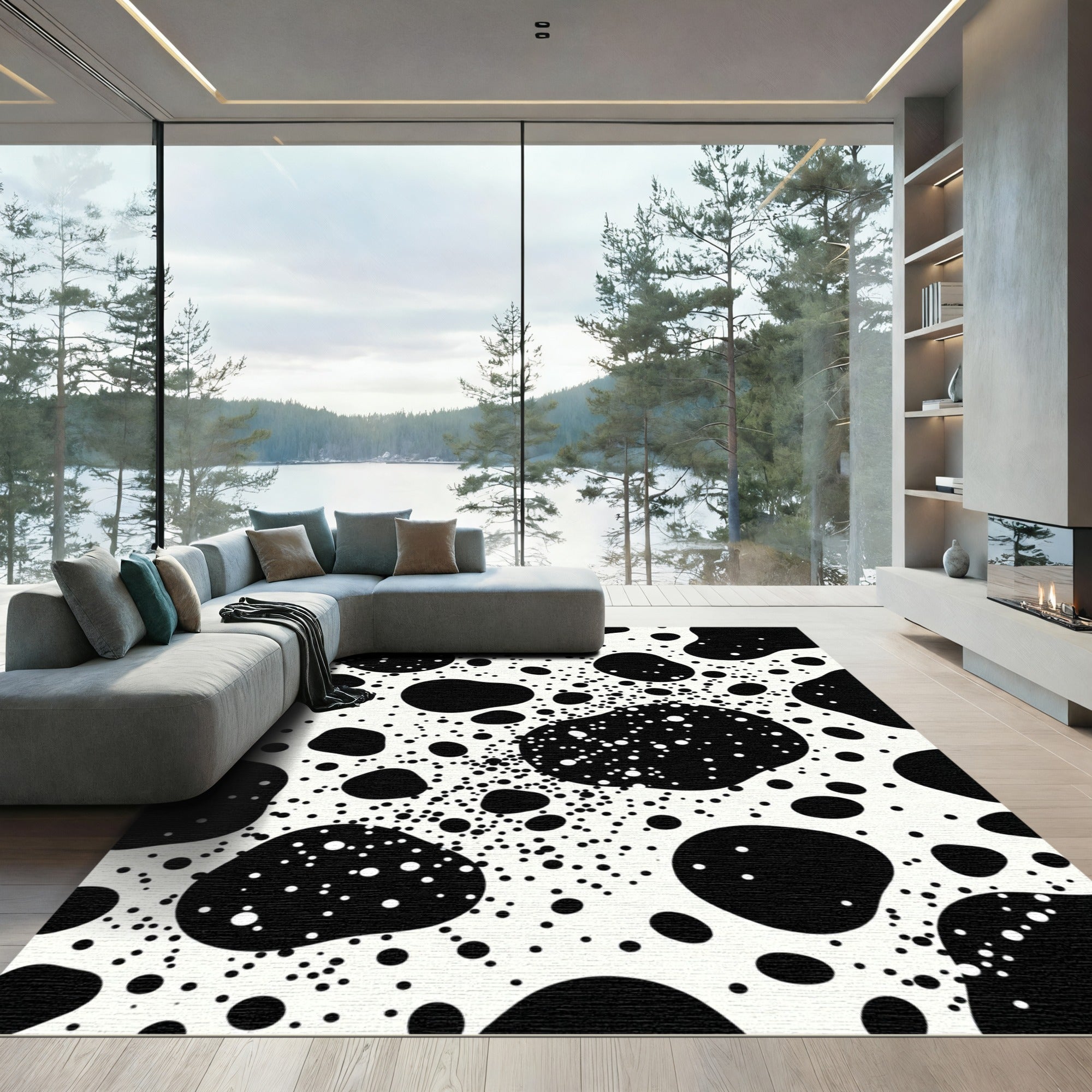 Abstract Black White Dot Splash Rug